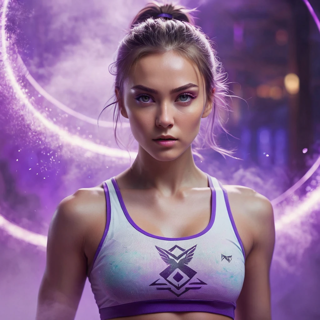 A handsome russian girl, sharp eyes, clear facial features, wearing top tank, combat posture, martial arts movements, body surrounded by purple mist, runes around, holographic reality, holographic halo, motion blur, game light effects, edge light, soft light, movie edge light, delicate light, masterpiece, super detailed, epic composition, super HD, high quality, highest quality, 32k