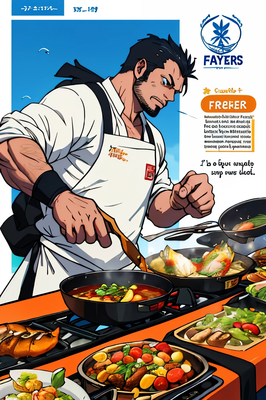badass fisher, flyers, festival, cooking fish contest, blue, endroit sur l'image pour écrire un texte
