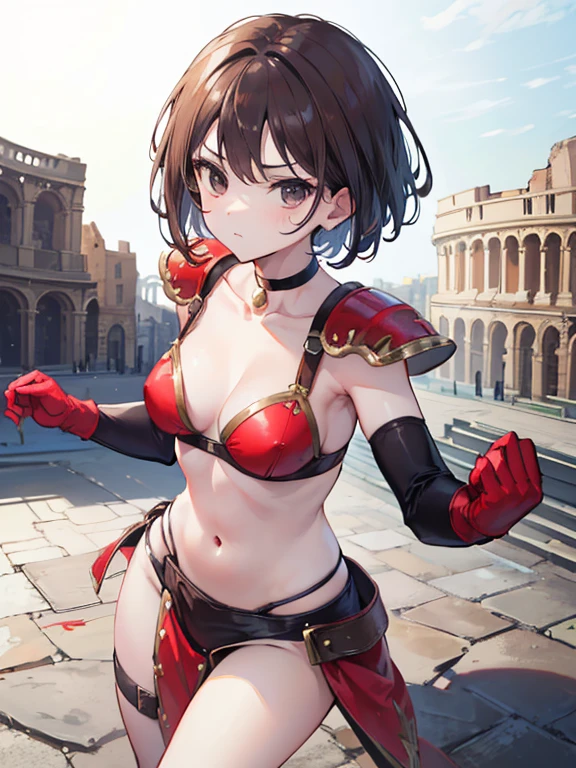 masterpiece,highest quality,1 girl,brown hair,short hair,parted bangs,(red tassets),Red shoulder armor,elbow gloves,(black eyes),smile,choker,navel,castle town,outdoor,cowboy shot,