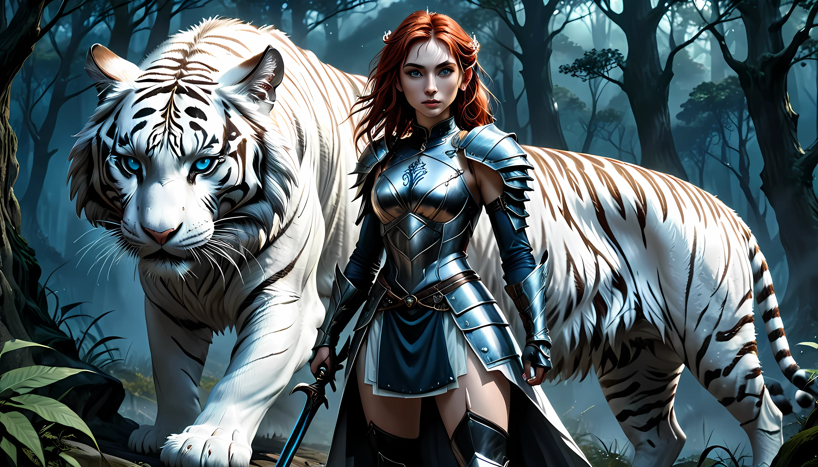 high details, best quality, 16k, [Ultra detailed], masterpiece,  best quality, (extremely detailed), dynamic angle, ultra wide shot, RAW, photorealistic, fantasy art, RPG art, realistic art, a wide angle picture of an epic female elf ranger and her pet (white tiger: 1.3),  warrior of nature, fighter of nature, full body, [[anatomically correct]] full body (intricate details, Masterpiece, best quality: 1.5) talking to an epic ((white tiger: 1.5)) (intricate details, Masterpiece, best quality: 1.6) armed with an epic magical sword  (intricate details, Masterpiece, best quality: 1.5) epic magical sword swordsman, glowing in blue light , in dark forest ( intricate details, Masterpiece, best quality: 1.4), a female beautiful epic drow wearing leather armor (intricate details, Masterpiece, best quality: 1.5), leather boots, thick hair, long hair, red hair, pale skin intense eyes, forest  background (intense details), moon light, stars light, clouds (intricate details, Masterpiece, best quality: 1.5), dynamic angle, (intricate details, Masterpiece, best quality: 1.3), high details, best quality, highres, ultra wide angle, ladyshadow, Armored Dress, Dark Novel