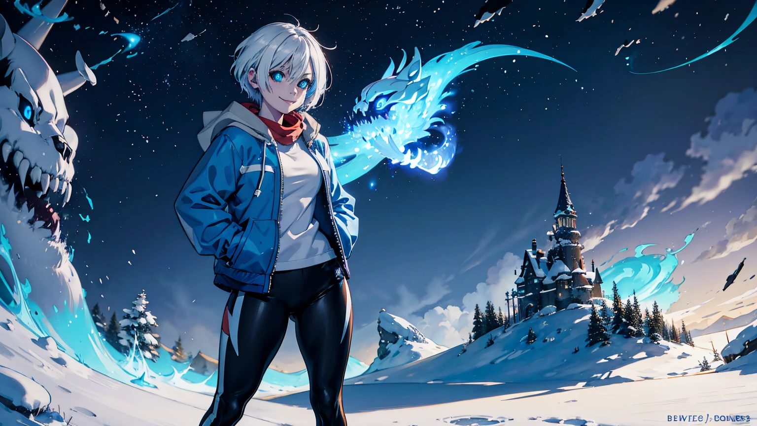 Toby Fox Undertale Sans blue jacket white shirt,Fire eyes, skull, smile, white short hair, glowing sexy keel cannon, standing in the snow town, big breast breast enlargement full-body shot
