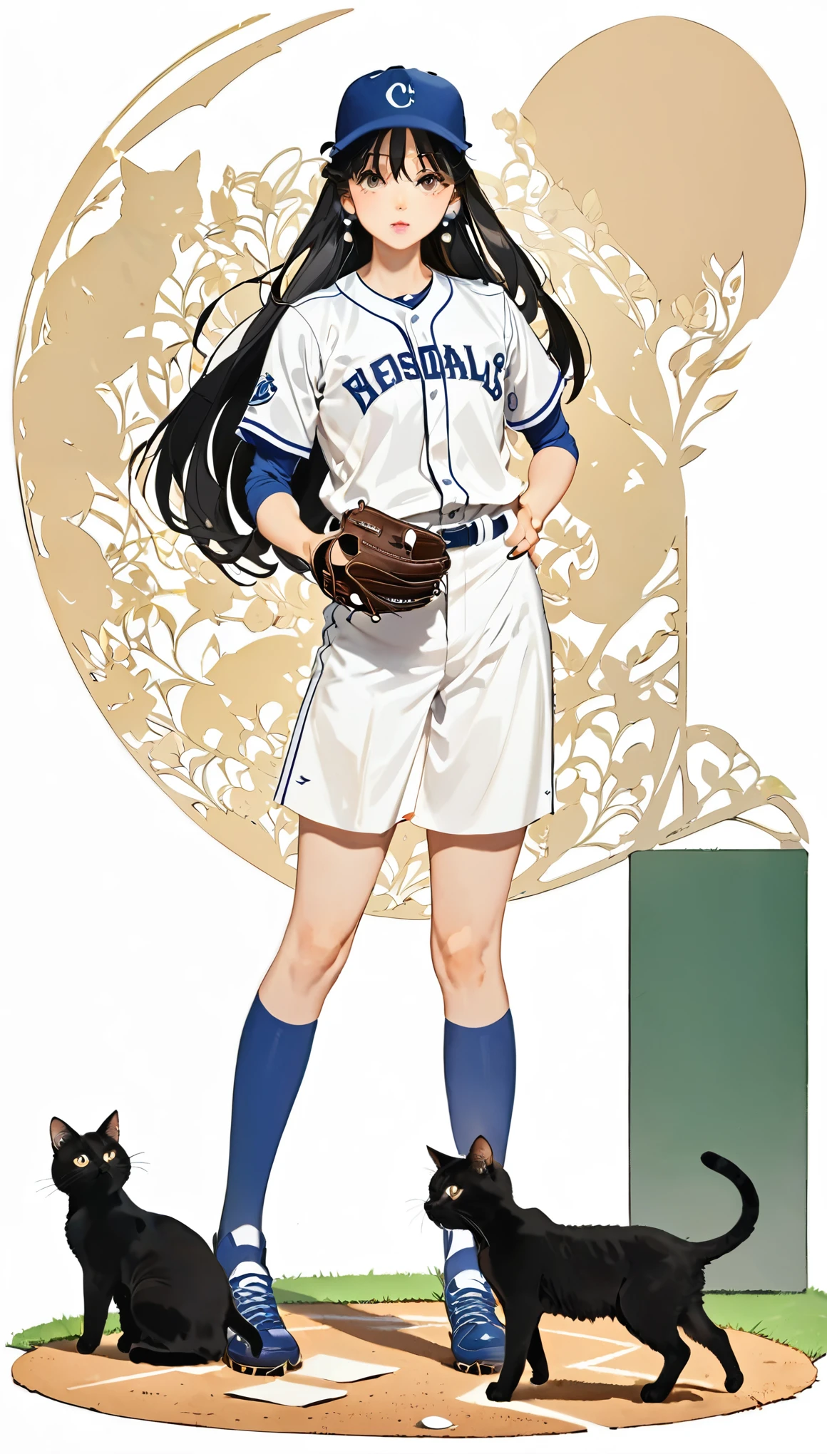 1 girl, black long hair, straight hair, baseball uniform, pitching ball, full body, front view, cat next to her, paper cutting style