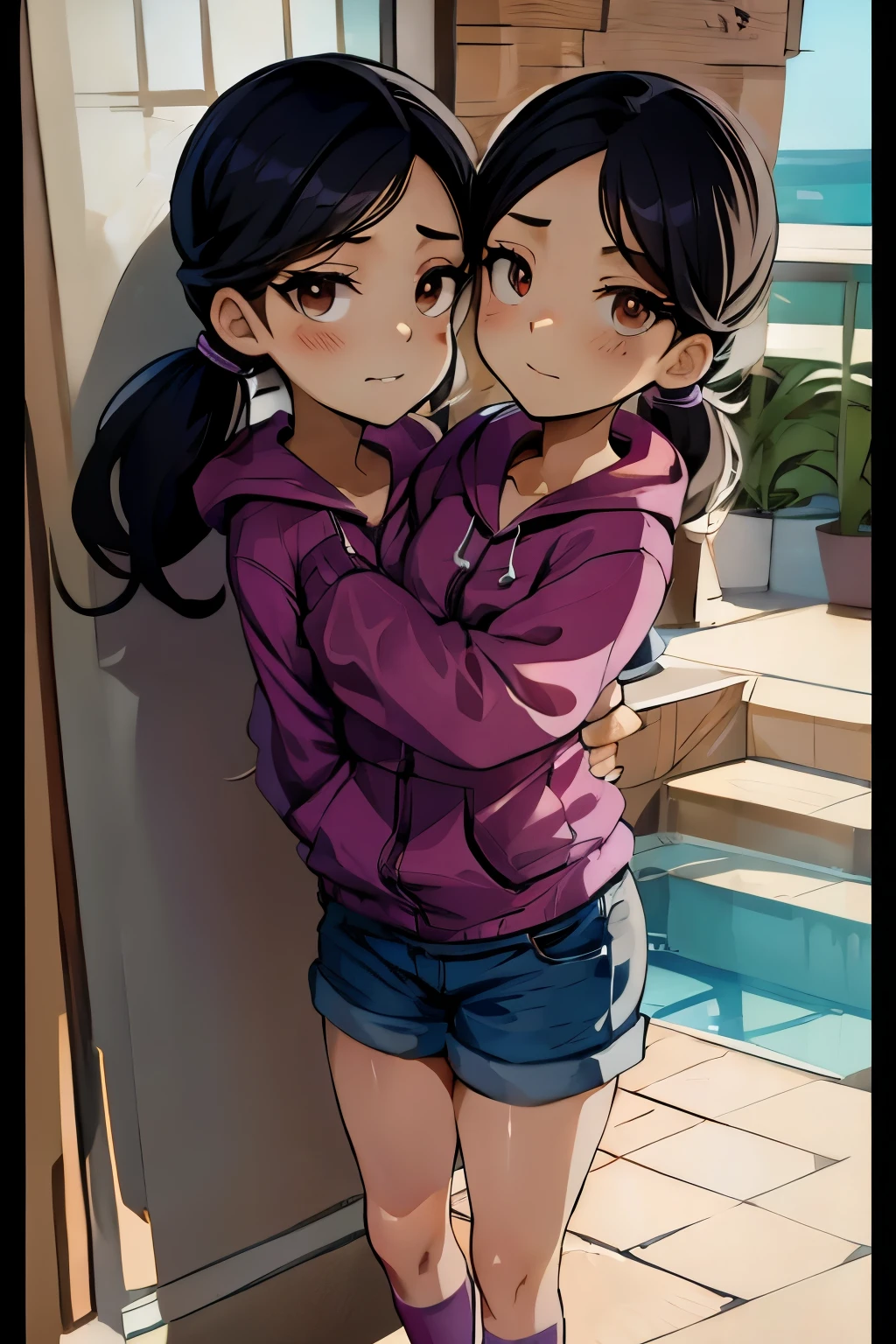 conjoined, 2heads, girl with two heads instead of one, 2head, cuerpo curvilineo, brazos curvilineos, usando shorts, ropa abrigada, piernas curvilineas, anime cartoon, using a purple hoodie, each head has a ponytail, anatomia proporcionada, torso ancho, pechos medianos
