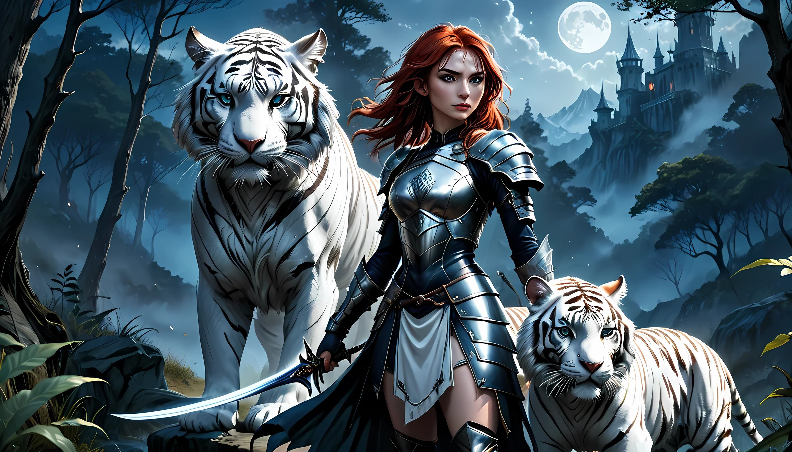 high details, best quality, 16k, [Ultra detailed], masterpiece,  best quality, (extremely detailed), dynamic angle, ultra wide shot, RAW, photorealistic, fantasy art, RPG art, realistic art, a wide angle picture of an epic female elf ranger and her pet (white tiger: 1.3),  warrior of nature, fighter of nature, full body, [[anatomically correct]] full body (intricate details, Masterpiece, best quality: 1.5) talking to an epic ((white tiger: 1.5)) (intricate details, Masterpiece, best quality: 1.6) armed with an epic magical sword  (intricate details, Masterpiece, best quality: 1.5) epic magical sword swordsman, glowing in blue light , in dark forest ( intricate details, Masterpiece, best quality: 1.4), a female beautiful epic drow wearing leather armor (intricate details, Masterpiece, best quality: 1.5), leather boots, thick hair, long hair, red hair, pale skin intense eyes, forest  background (intense details), moon light, stars light, clouds (intricate details, Masterpiece, best quality: 1.5), dynamic angle, (intricate details, Masterpiece, best quality: 1.3), high details, best quality, highres, ultra wide angle, ladyshadow, Armored Dress, Dark Novel