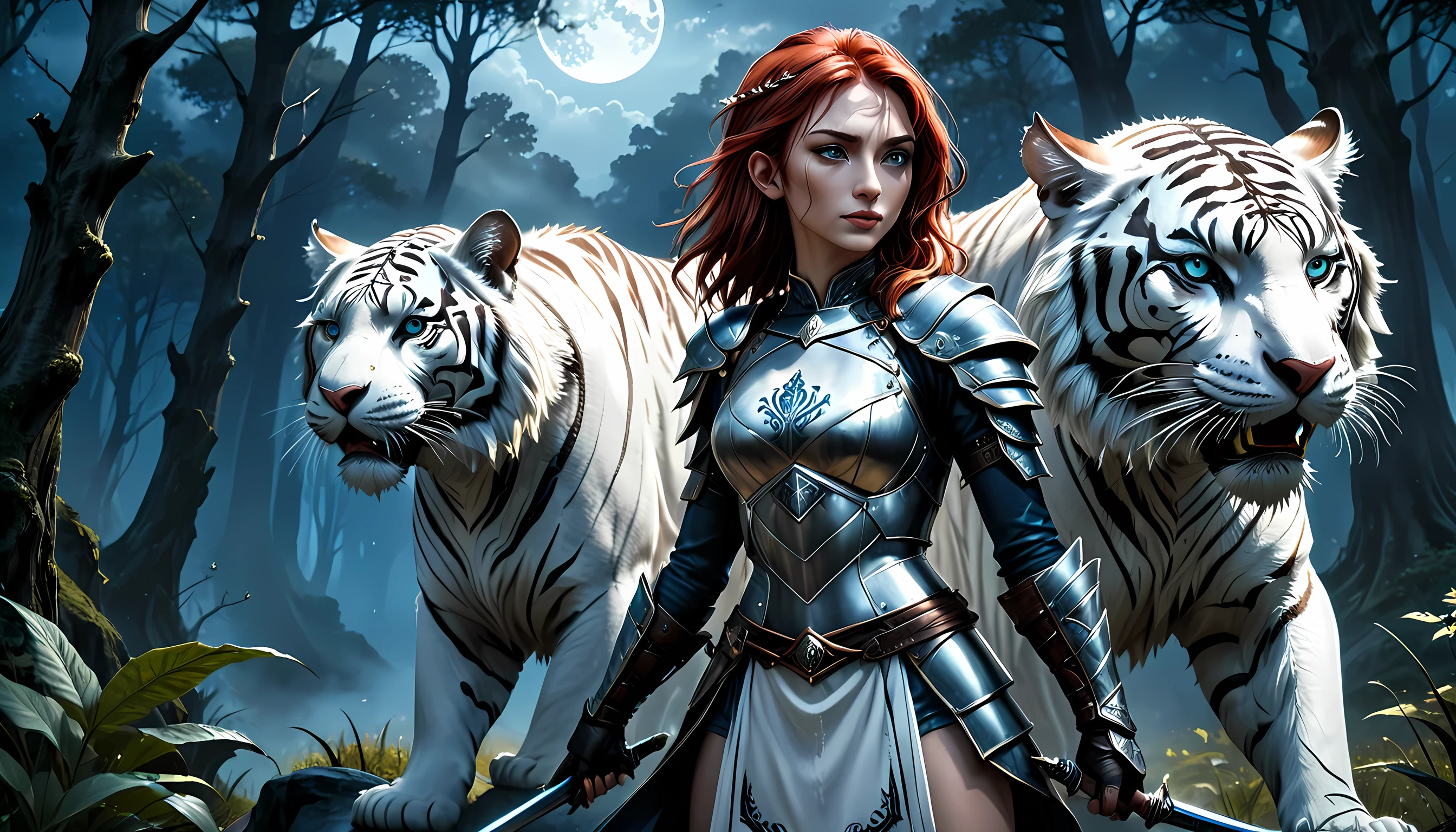 high details, best quality, 16k, [Ultra detailed], masterpiece,  best quality, (extremely detailed), dynamic angle, ultra wide shot, RAW, photorealistic, fantasy art, RPG art, realistic art, a wide angle picture of an epic female elf ranger and her pet (white tiger: 1.3),  warrior of nature, fighter of nature, full body, [[anatomically correct]] full body (intricate details, Masterpiece, best quality: 1.5) talking to an epic ((white tiger: 1.5)) (intricate details, Masterpiece, best quality: 1.6) armed with an epic magical sword  (intricate details, Masterpiece, best quality: 1.5) epic magical sword swordsman, glowing in blue light , in dark forest ( intricate details, Masterpiece, best quality: 1.4), a female beautiful epic drow wearing leather armor (intricate details, Masterpiece, best quality: 1.5), leather boots, thick hair, long hair, red hair, pale skin intense eyes, forest  background (intense details), moon light, stars light, clouds (intricate details, Masterpiece, best quality: 1.5), dynamic angle, (intricate details, Masterpiece, best quality: 1.3), high details, best quality, highres, ultra wide angle, ladyshadow, Armored Dress, Dark Novel