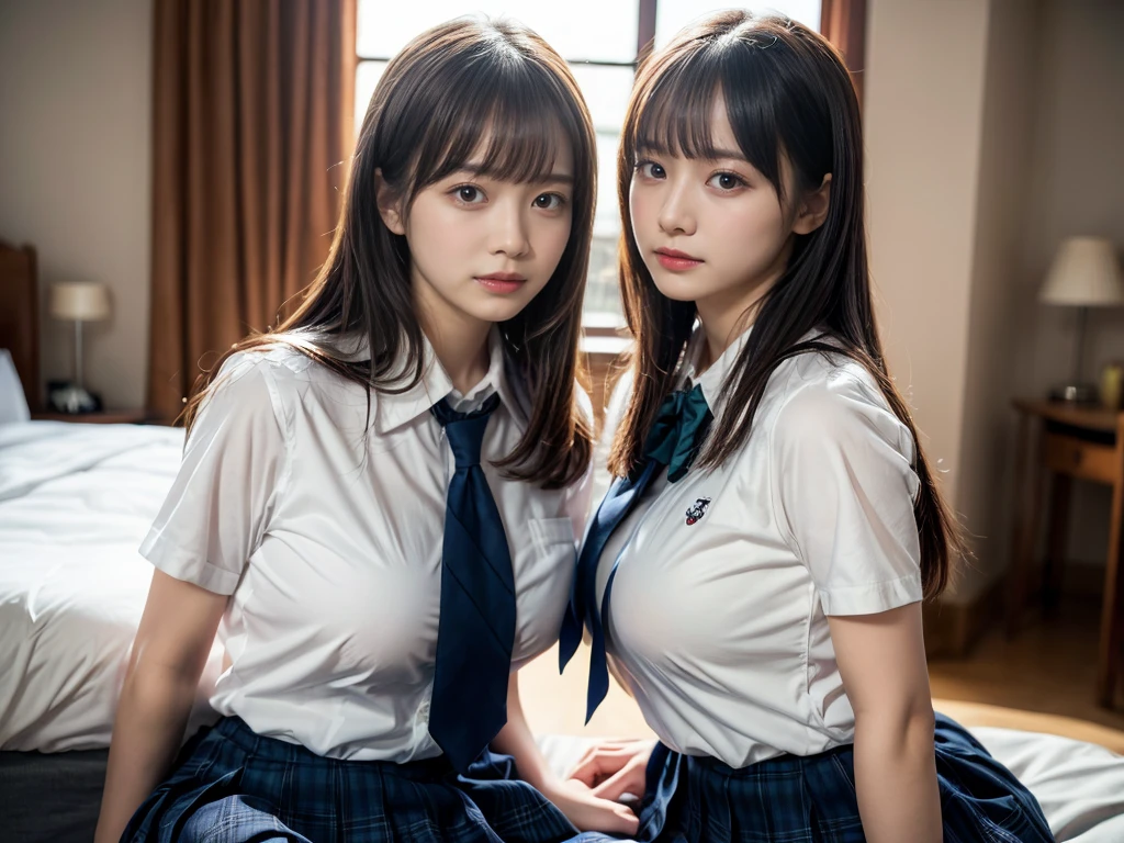 (RAW photo, 4k, masterpiece, high resolution, extremely complex) (realistic: 1.4), cinematic lighting
((2 girls, 2 girls)),Slam Dunk's,blushing,((innocent)),(Dark makeup),bright eyes,round eyes,blunt bangs,(straight hair:1.3),black hair,large breasts,wide hips,Summer Noon, 20 year old girl、cute type、lolita,Hot, (Best Quality), (Highres), (an Extremely Delicate and Beautiful),(Beautiful 8k face),(Brown eyes),short bob hair,( spectators),(gigantic breasts),(Play with each other,Touching each other's bodies,Touching the body),(Japanese high school uniform:1.3),blue skirt,(reality),bright lighting,(The background is a luxury hotel room)