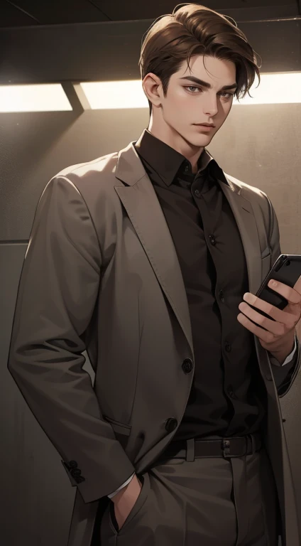 masterpiece, best quality, realistic, 1man, mature male, quiet and charming young man, 35 years old, close his eyes, serious look, extremely detailed face, ((dark grey eyes)), ((short-right-swept dark brown hair)), [thick eyebrows], detective, plain background, cinematic lighting, looking at the audience, posture dynamics, smirk, holding the phone