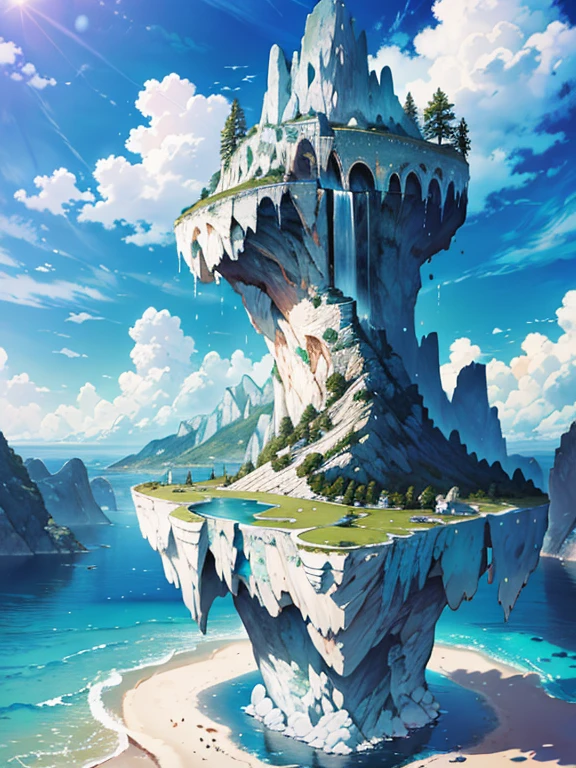 ({{A high resolution,}},Masterpiece,Ultra-detailed,Best quality,8K)Cloud, sky, scenery, day, Blue_sky, Mountain, Cloudy_sky, Outdoors, waterfallr, fantasy, horizon, cliff, rock music, water, landscape, mountainous_horizon, Ocean, tree, River, Floating_Island