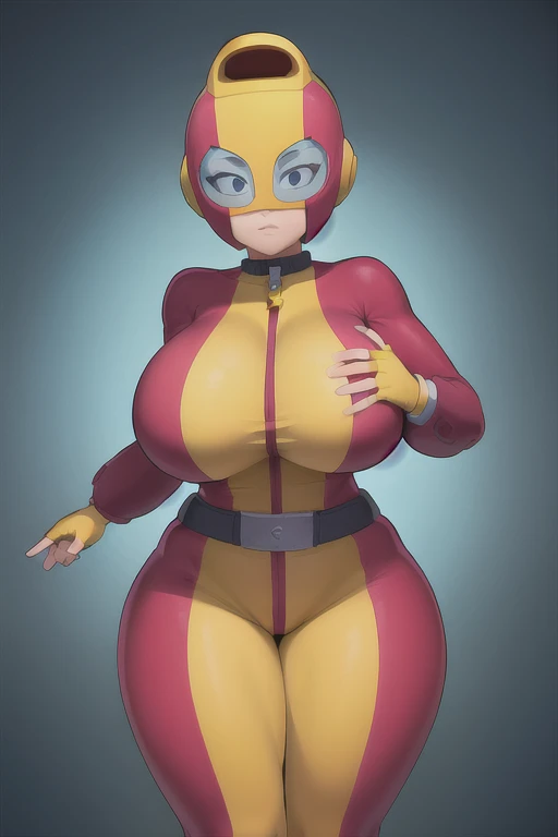 1girl, solo, Max, maxbs, red bodysuit, helmet, yellow fingerless gloves, belt, gigantic breasts, wide hips