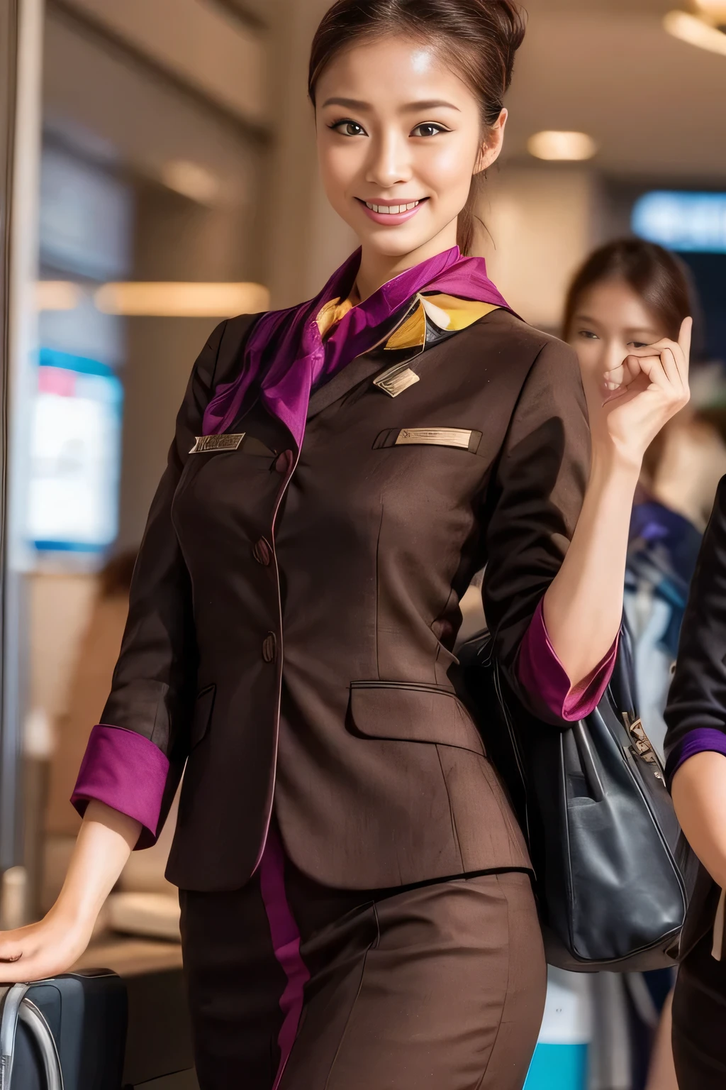 (masterpiece:1.2、highest quality:1.2)、32K HDR、High resolution、(alone、1 girl、Slim figure)、(A realistic reproduction of the ETIHAD Airways Cabincrew Uniform)、 (At the airport counter, Professional Lighting)、Airport counter wall background、A proper woman, Beautiful Face,、(Long sleeve ETIHAD Airways Cabincrew Uniform)、(ETIHAD Airways Cabincrew Uniform skirt with purple stripe on the front)、(scarf on chest)、Big Breasts、(Long Hair Up、Hair Bun)、Dark brown hair、Long Shot、((Great hands:2.0))、((Harmonious body proportions:1.5))、((Normal limbs:2.0))、((Normal finger:2.0))、((Delicate eyes:2.0))、((Normal eyes:2.0)))、Beautiful standing posture、smile、Place your hands around your stomach