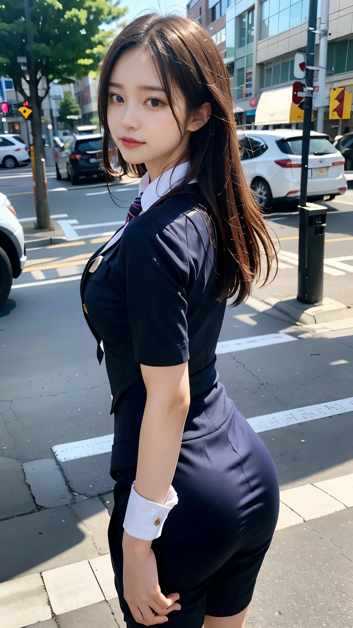 (Tabletop, highest quality:1.2), 8k, Official Art, Full body photo, Esbian all over、Emma is tying her tie.Back Angle、looked back、Cute ass、suit、Embarrassing black hair、14 years、、fun、Laughter、unbelievably ridiculous, (Upper Body, 濃紺のsuit:Cute tie 1.4), beautiful girl, Pretty face, lean back, Cute ass、Gold ornament in hair、かわいいsuitを着て、close, suitを着ている, Short sleeve, Gardenia, Violet, Teen, street, View Viewer, Film Grain, chromatic aberration, Sharp focus, Face Light, Dynamic Lighting, Cinema Lighting, Eye and facial details, Bokeh Background, (A tie with the word "Emma" written on it、1:1.2)