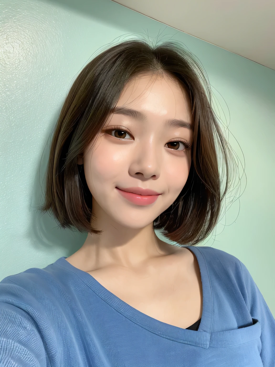 one person、、Full body photo、slender、Thin body、woman、White drool coming out of the mouth、smile、Natural Shorthair、 Fair skin, messy hair, super cute、Soft and Face、8K resolution、Surreal、Ultra high definition、 A-cup small breasts（（Highest resolution、8k、masterpiece：1.3））、Ultra-fine face、Ultra Fine Lips、Beautiful Eyes、double eyelid,Light blue wall、Green and red striped girls&#39; high school uniform:1.1、Thighs、thin,Thighs are visible、Shapely small breasts、