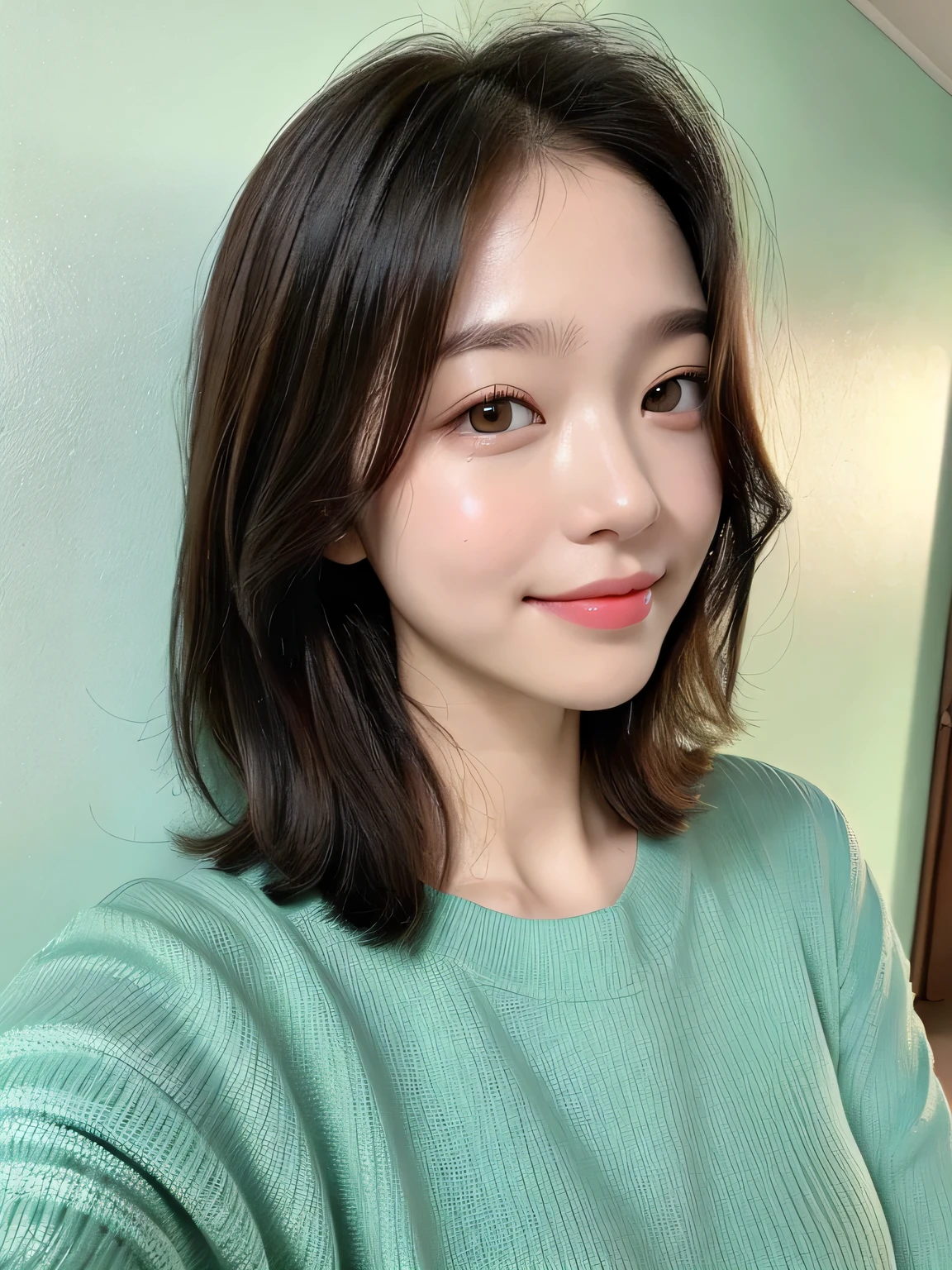 one person、、Full body photo、slender、Thin body、woman、White drool coming out of the mouth、smile、Natural Shorthair、 Fair skin, messy hair, super cute、Soft and Face、8K resolution、Surreal、Ultra high definition、 A-cup small breasts((Highest resolution、8k、masterpiece:1.3))、Ultra-fine face、Ultra Fine Lips、Beautiful Eyes、double eyelid,Light blue wall、Green and red striped girls' high school uniform:1.1、Thighs、thin,Thighs are visible、Shapely small breasts、