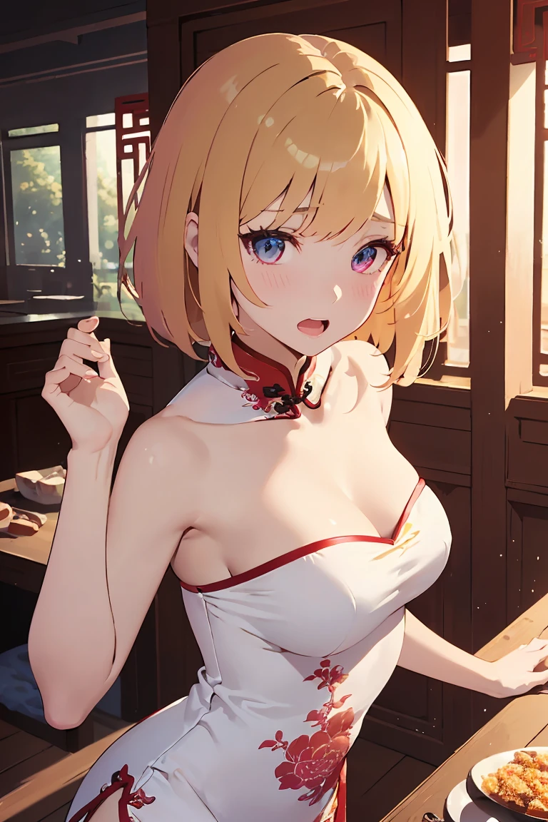 masterpiece, absurdres, best quality, ultra detailed, high Resolution, detailed illustration, bright colour, (extremely beautiful detailed face and eyes, Delicate beautiful face, 1 girl, cute face:1.3), (magenta eyes:1.1), sparkling eyes, big eyes, medium breasts, (perky breasts:1.1), (pointy breasts:1.1), medium hips, glamorous body, white skin, BREAK, long bob cut, (blonde hair:0.8), messy hair, detailed hair, shiny hair, BREAK (China dress, Panties:1.5), perfect lighting, (embarrassed:1.5), (ecstasy, vulgarity:1.5), (trembling:0.8), From below,