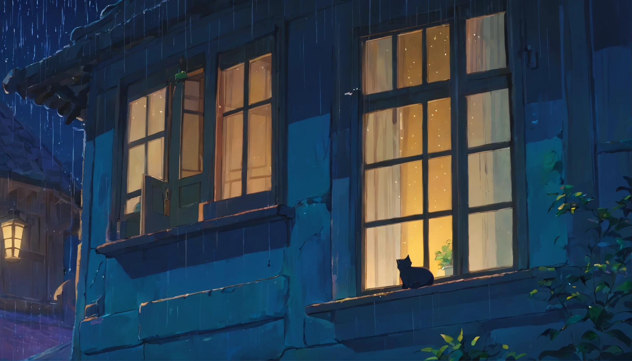 See what's happening nearby, window, window sill, Glass, It's raining outside, water on the Glass, Tone Blue, sorrow, dark, night, Starry Sky,Black kitten sleeping