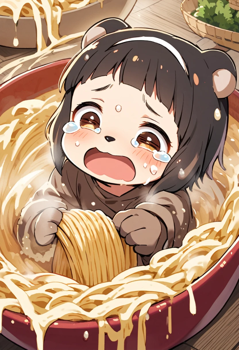 Small-clawed otter being washed away with noodles,Big tears,