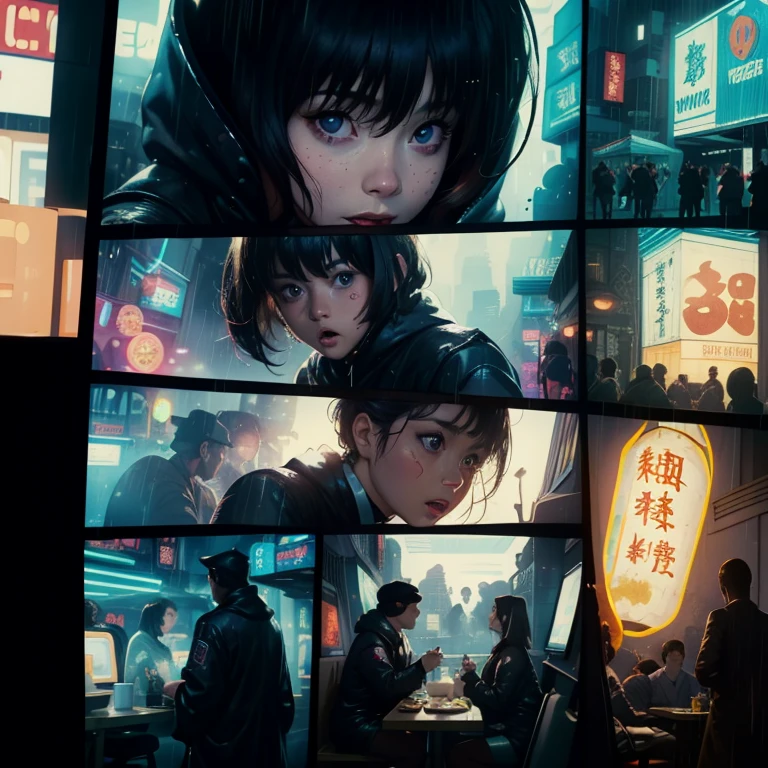 ((highest quality)), ((masterpiece)), (Familiar), (High resolution), (accurate), (Realistic), (Cinematic), (Best Shadow), (Low contrast), (8k), Perfect Face, ((SYd MEad style)), manga、mangaデザイン、Storyboarding、Frame splitting、((a female Replicant eating a udon))、((Replicant, Black Hair, Very short hair, blue eyes)), (Black hooded raincoat)、((Udon restaurant))、sparkling neon sign、congestion, congestion, decadent Future City, NEO TOKYO, a.d.2051, (vapor:1.2), It's raining white, evening, (Face close-up)