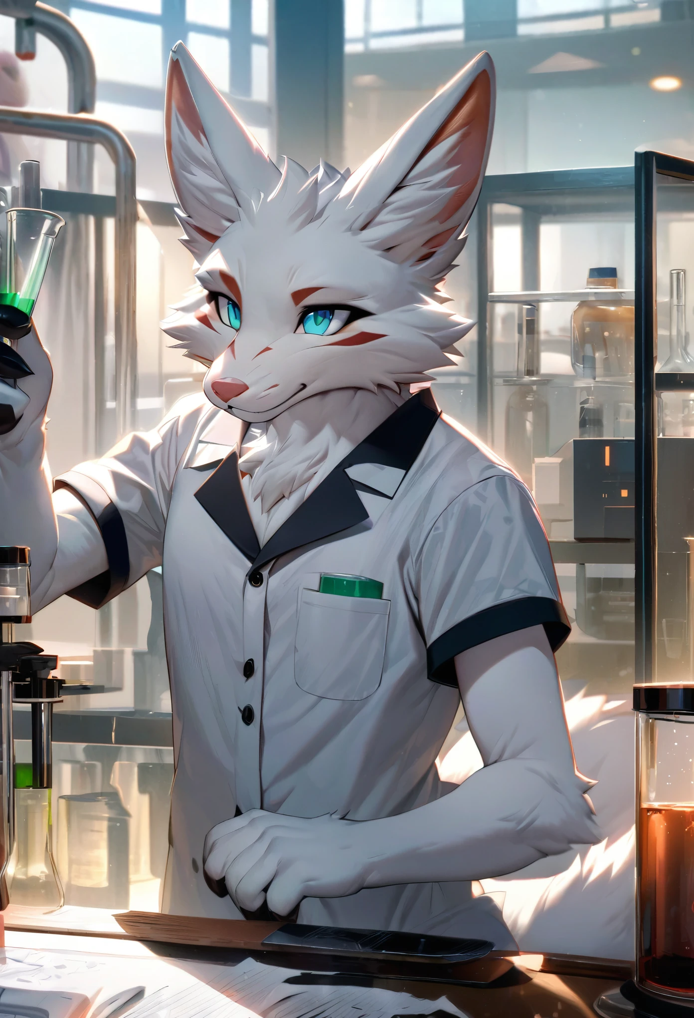 top quality, best quality, masterpiece, super high resolution, detailed background, laboratory(highly detailed beautiful face and eyes)absurdres, perfect anatomy(handsome 1boy, kemono, solo focus, labo coat)(furry)(furry anthro:1.7)(Furry body, fox facial features, fox body features)(very detailed body fur)full body, holding test tube,