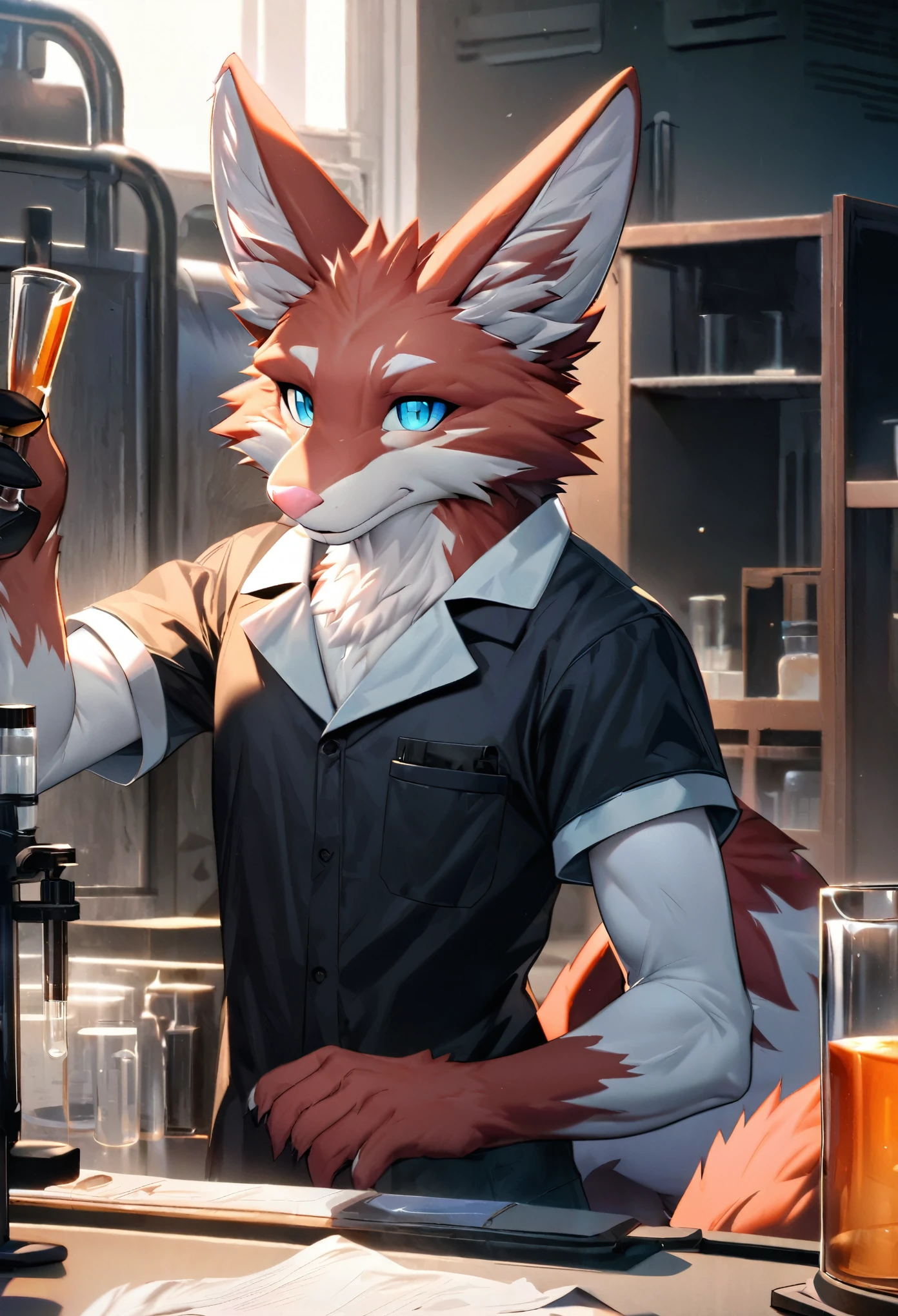 top quality, best quality, masterpiece, super high resolution, detailed background, laboratory(highly detailed beautiful face and eyes)absurdres, perfect anatomy(handsome 1boy, kemono, solo focus, labo coat)(furry)(furry anthro:1.7)(Furry body, fox facial features, fox body features)(very detailed body fur)full body, holding test tube,