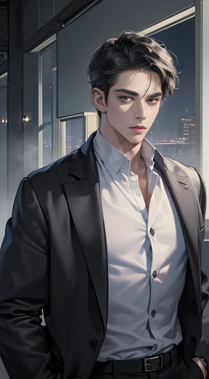 (best quality, masterpiece, 8 thousand, realistic, cinematic lighting, 1:4 HDR images, very detailed, beautiful photoature man, very handsome, ((cold expression)), black short hair, black eye, A perfect face without any mistakes, ((Buttoning my jacket, chief executive))