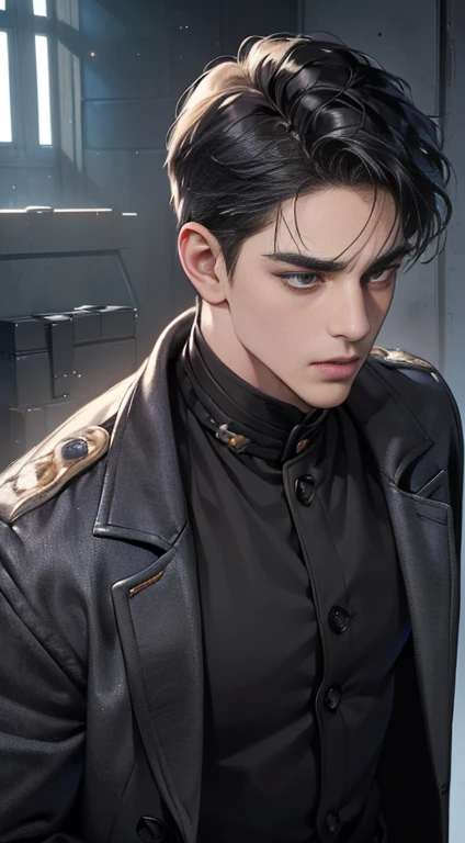 (best quality, masterpiece, 8 thousand, realistic, cinematic lighting, 1:4 HDR images, very detailed, beautiful photoature man, very handsome, ((cold expression)), black short hair, black eye, A perfect face without any mistakes, ((Buttoning my jacket, chief executive))