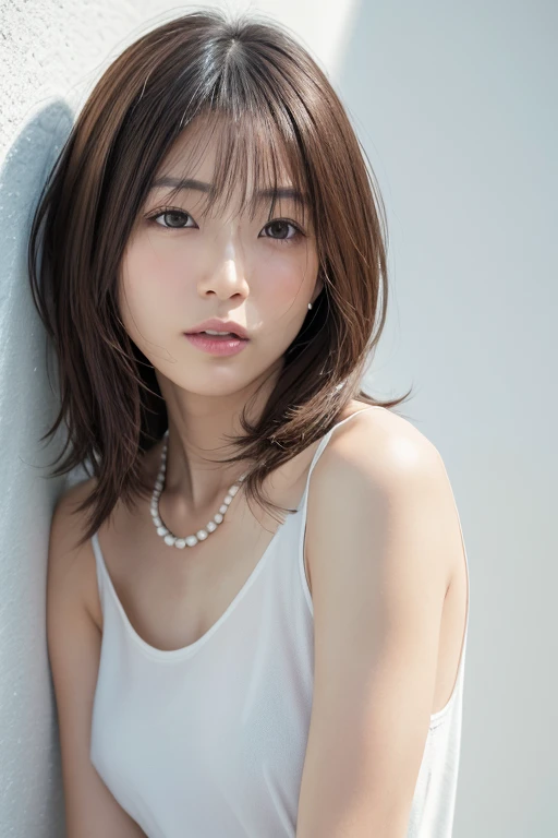 (Highly realistic photos, High resolution, Detailed face, Fine Eyes), ((Photographed in front of a white wall))、Japanese women, 40 years old, various expressions, alone:1, Slim figure, Mr.々Hair style, Casual clothing, Only one person is in the photo、nude、Completely naked、Photographed in natural light、Simple Necklace、Spring Clothes、Don'Don'Don't look at the camera、profile、Pink brown hair color、Bob Hair