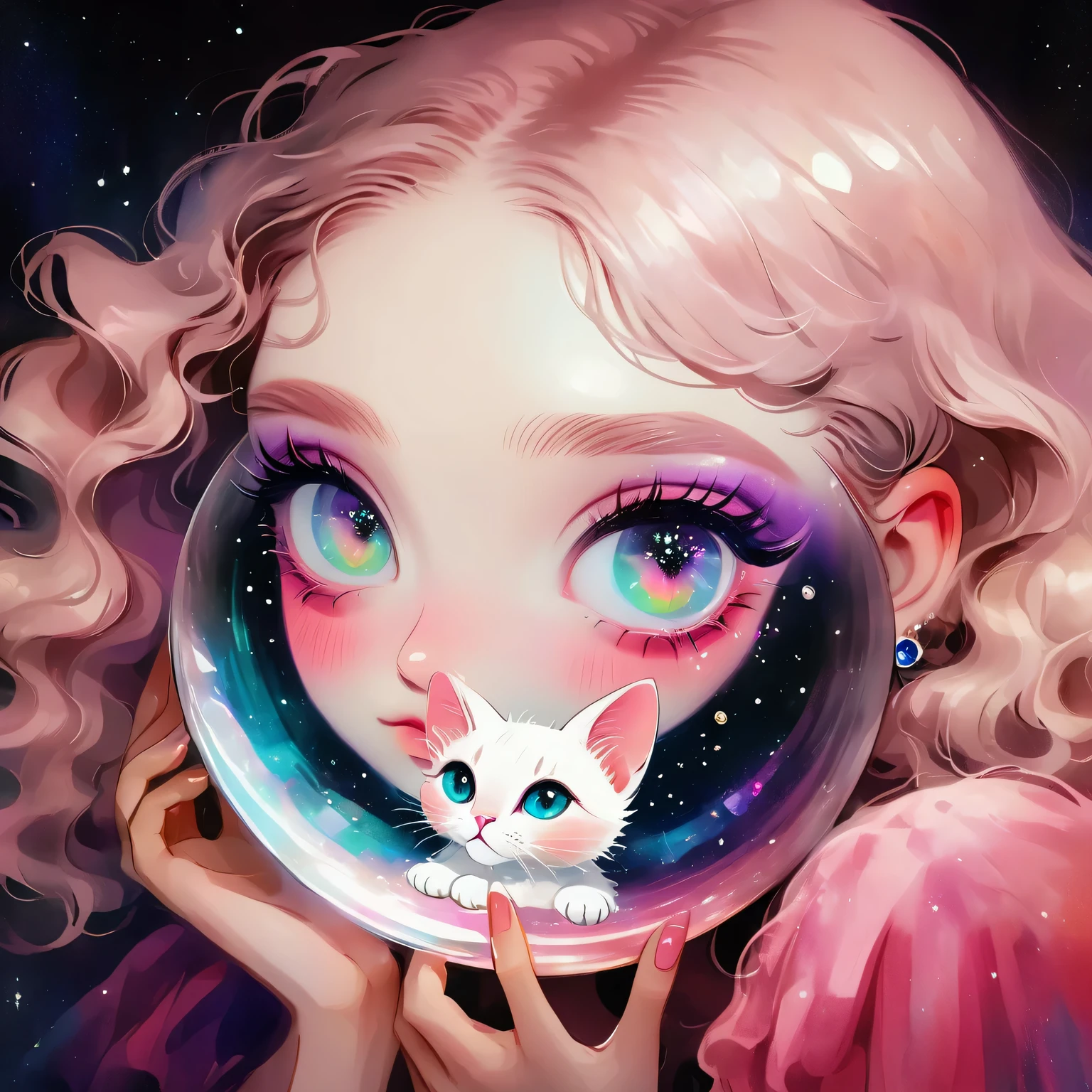 A young girl，A cat trapped in a crystal ball，Vivid colors，Dramatic lighting，Dreamy atmosphere，beautiful eyes，Long eyelashes，rough texture，Hand drawn style，