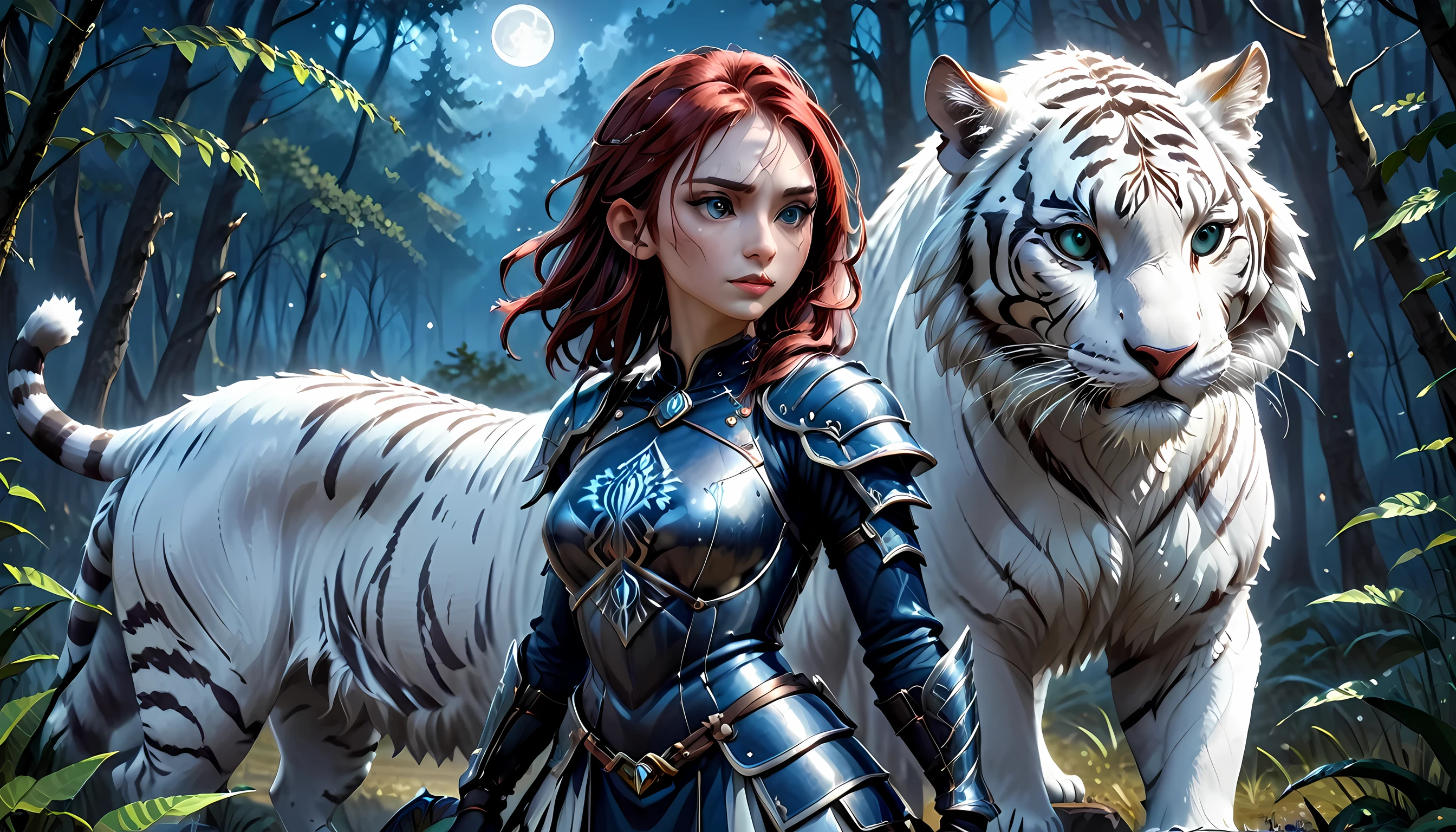 modisn disneyת high details, best quality, 16k, [Ultra detailed], masterpiece,  best quality, (extremely detailed), dynamic angle, ultra wide shot, RAW, photorealistic, fantasy art, RPG art, realistic art, a wide angle picture of an epic female elf ranger and her pet (white tiger: 1.3),  warrior of nature, fighter of nature, full body, [[anatomically correct]] full body (intricate details, Masterpiece, best quality: 1.5) talking to an epic ((white tiger: 1.5)) (intricate details, Masterpiece, best quality: 1.6) armed with an epic magical sword  (intricate details, Masterpiece, best quality: 1.5) epic magical sword swordsman, glowing in blue light , in dark forest ( intricate details, Masterpiece, best quality: 1.4), a female beautiful epic drow wearing leather armor (intricate details, Masterpiece, best quality: 1.5), leather boots, thick hair, long hair, red hair, pale skin intense eyes, forest  background (intense details), moon light, stars light, clouds (intricate details, Masterpiece, best quality: 1.5), dynamic angle, (intricate details, Masterpiece, best quality: 1.3), high details, best quality, highres, ultra wide angle, ladyshadow, Armored Dress, Dark Novel