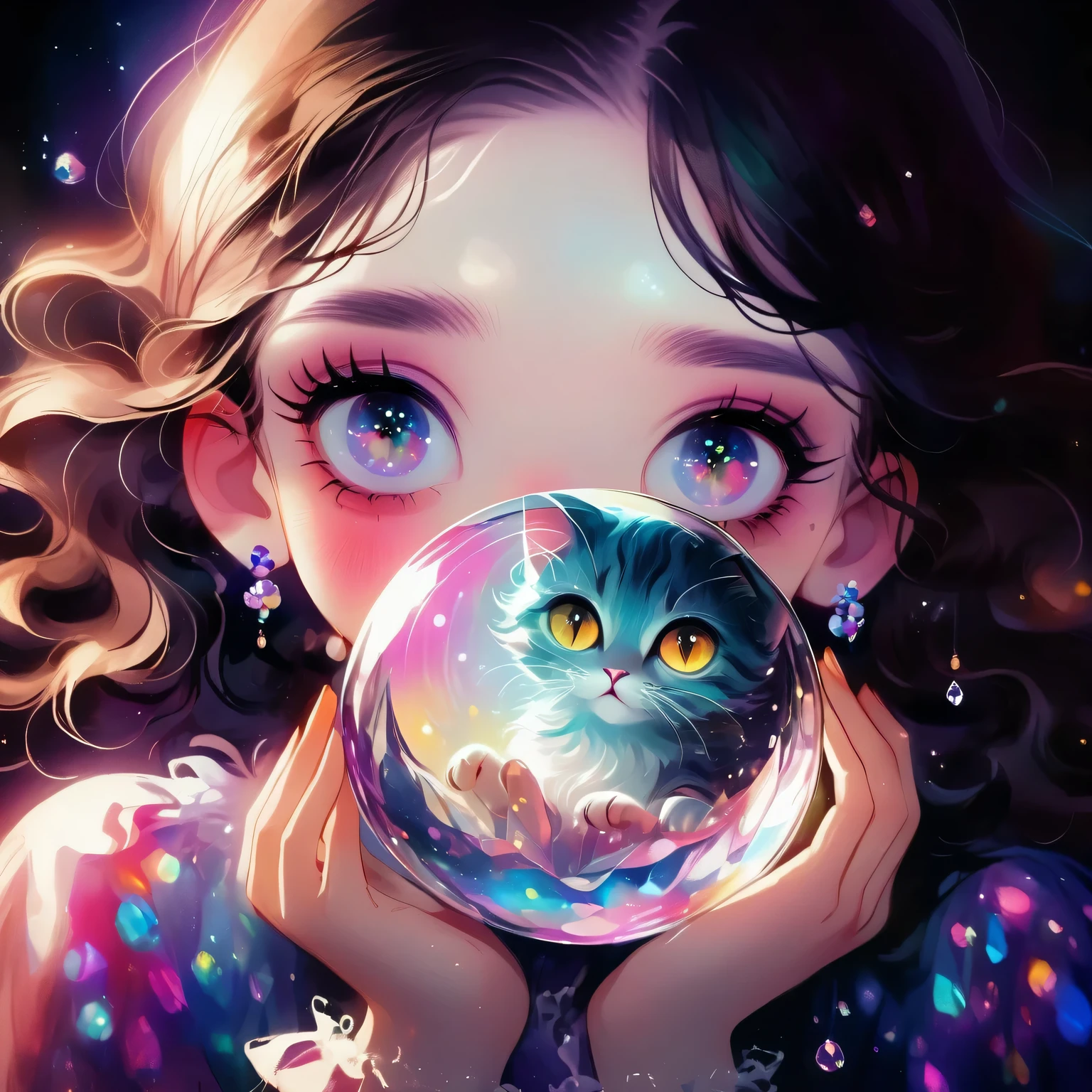 A young girl，A cat trapped in a crystal ball，Vivid colors，Dramatic lighting，Dreamy atmosphere，beautiful eyes，Long eyelashes，rough texture，Hand drawn style，