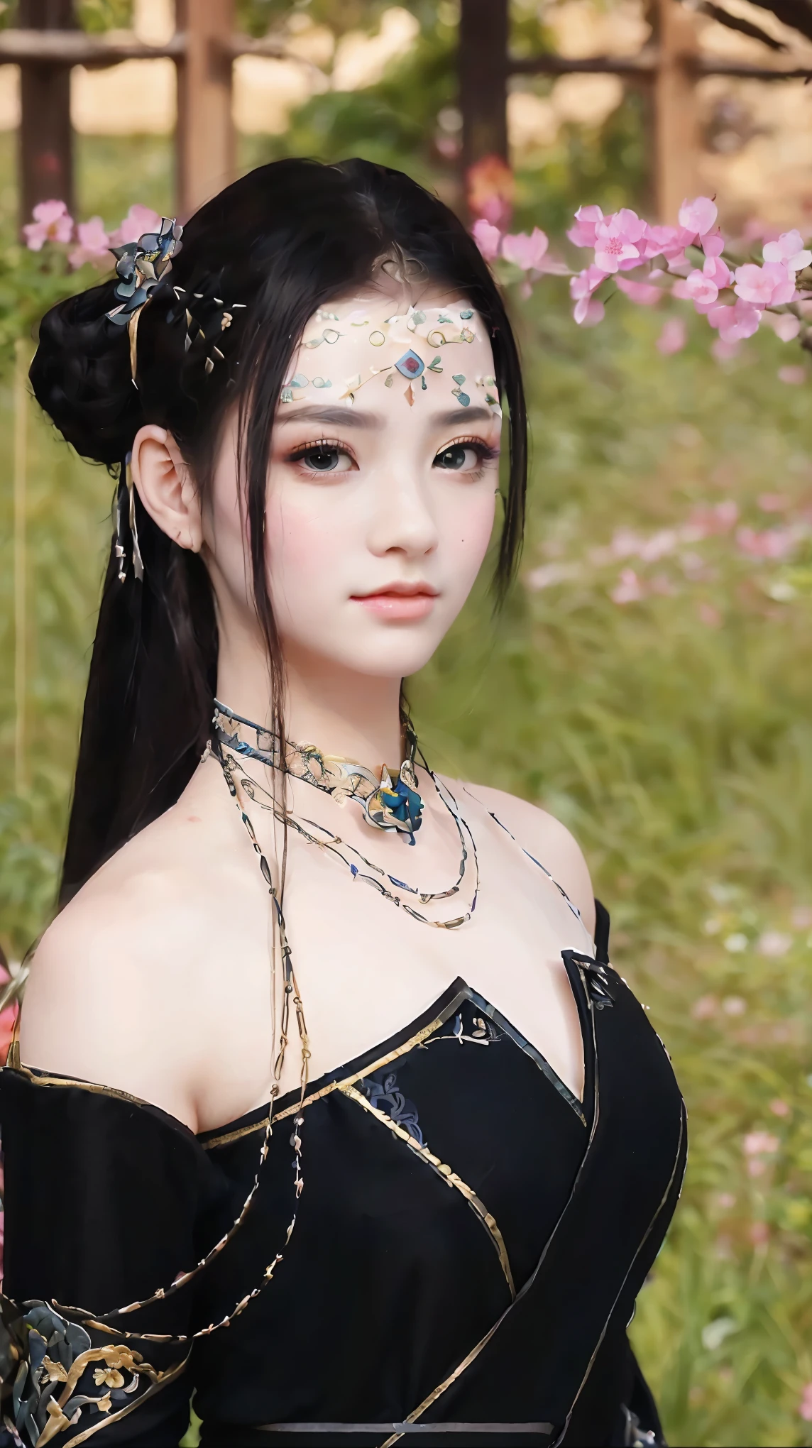 a close up of a woman in a black dress with a flower in her hair, pink lips, a beautiful fantasy empress, inspired by Lan Ying, inspired by Qiu Ying, beautiful render of tang dynasty, ((a beautiful fantasy empress)), inspired by Du Qiong, inspired by Li Mei-shu, inspired by Wang Meng, korean mmorpg, inspired by Pu Hua