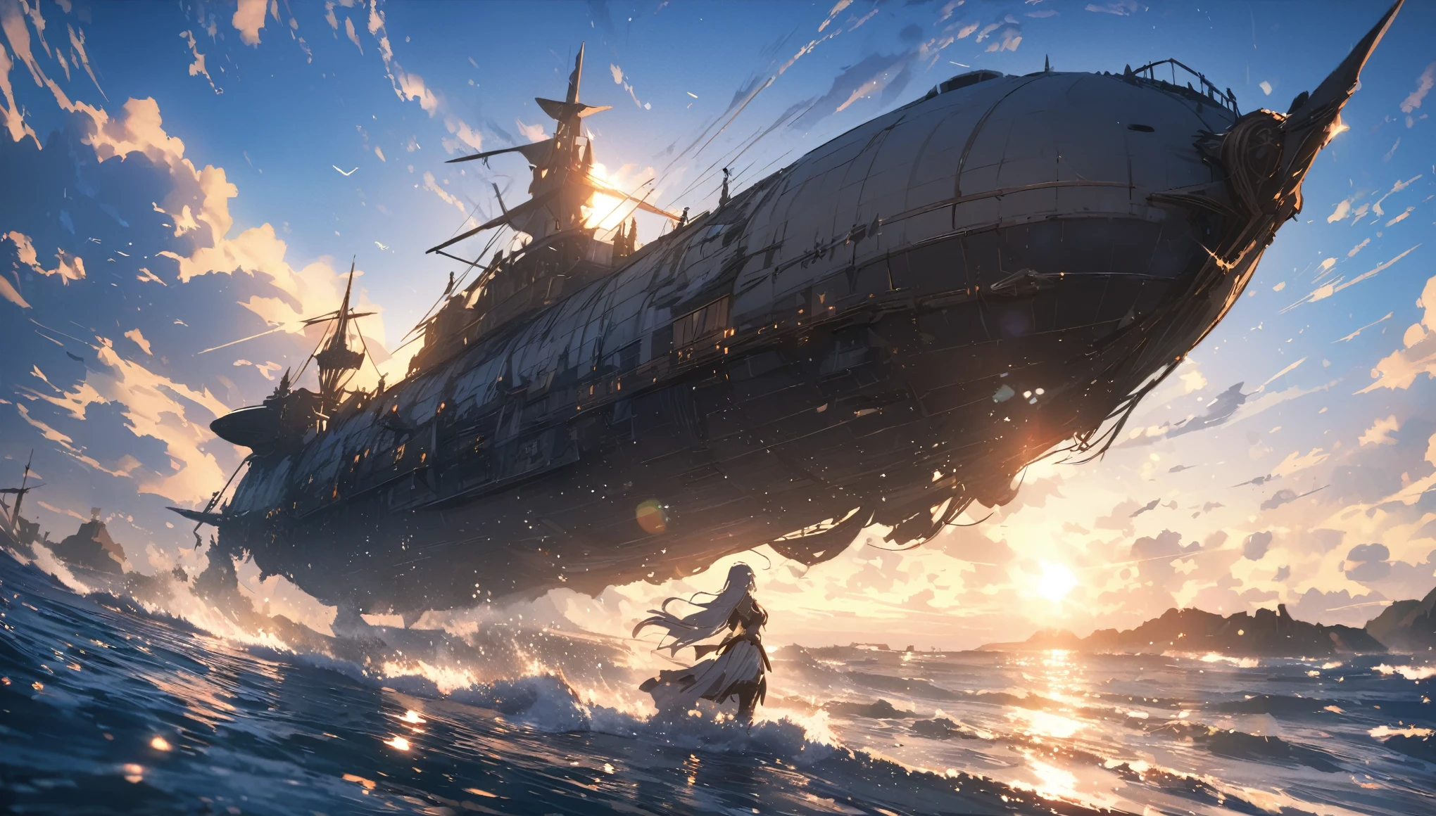 anime,depth of field, cinematic lighting, lens flare, f/1.2,(masterpiece:1.2),(high definition),summer、blue sky,(１People Girls)、(Behind her is an airship taking off from the sea.)、Medieval fantasy worldview、Ultra-detailed