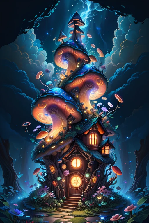 (Swirling clouds and colorful flowers), (forest fireflies fantasy korean mushroom house), (midnight), (Irregular), (mysterious), (ridiculous), dreamy, disney, t shirt design, vector,