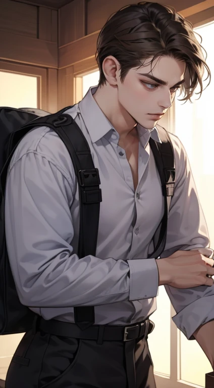 masterpiece, best quality, realistic, 1man, mature male, quiet and charming young man, 25 years old, close his eyes, serious look, extremely detailed face, ((dark grey eyes)), ((short-right-swept dark brown hair)), [thick eyebrows], ((detective)), cinematic lighting, posture dynamics,