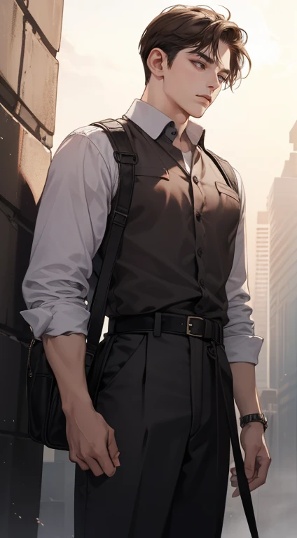 masterpiece, best quality, realistic, 1man, mature male, quiet and charming young man, 25 years old, close his eyes, serious look, extremely detailed face, ((dark grey eyes)), ((short-right-swept dark brown hair)), [thick eyebrows], ((detective)), cinematic lighting, posture dynamics,