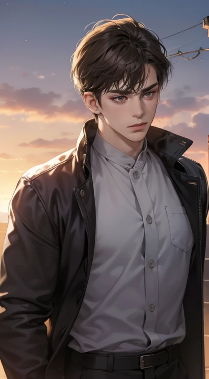 masterpiece, best quality, realistic, 1man, mature male, quiet and charming young man, 25 years old, close his eyes, serious look, extremely detailed face, ((dark grey eyes)), ((short-right-swept dark brown hair)), [thick eyebrows], ((detective)), cinematic lighting, posture dynamics,