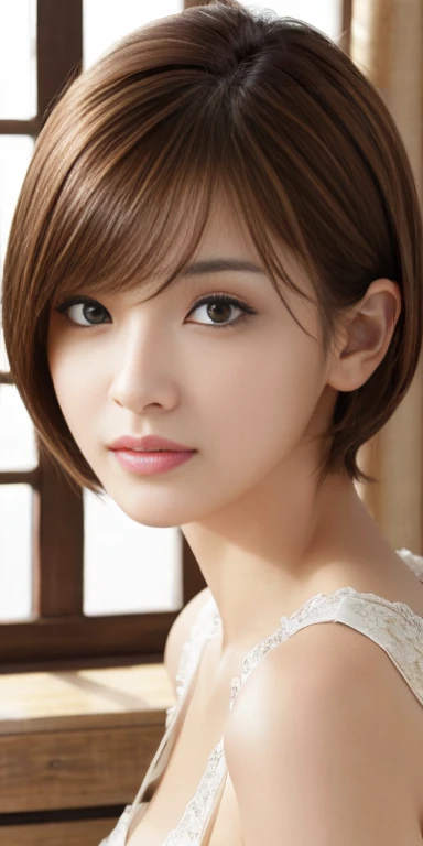 masterpiece、highest quality、High resolution、table top、wallpaper、realistic、bright lighting、professional lighting、face light、smooth lighting、japanese woman、adult、Beautiful woman、action、gravure、sexy、poor、super beautiful、beautiful skin、beautiful and detailed eyes、detailed face、slim、moderately、short hair、brunette colored hair、brown eyes、look at the camera、i have lemon