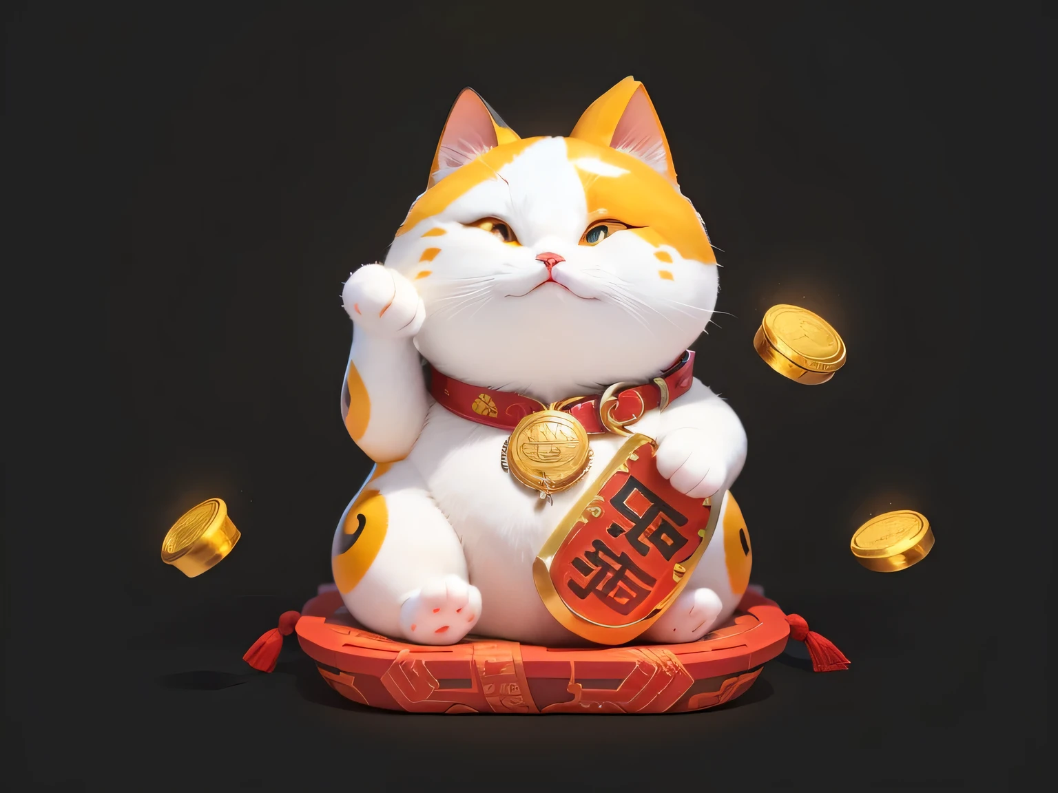 Cute ceramic cat，There is a macular spot on the top of the head，There is a red collar around the neck，Beckoning pose with right hand，The ground is covered with a large amount of gold coins.，Red Wall，Chinese Culture，Zubrash，Dramatic lighting，Full body portrait，Hentai Realism，Fine details，Like the picture，Film lighting，Intricate details，Rendering with Octane，Unreal Engine，8K--ar9：16 --testp --upbeta