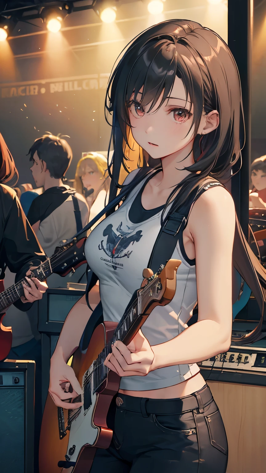 (detailed face), high details, high quality, best quality, masterpiece, Ultra-realism, Detailed and clear depiction, ((Two guitarists playing shoulder to shoulder at a live venue)), (two female guitarists), Electric guitar, rock band, colorful lights, enthusiasm, (Black hair, long hair, tank top, leather pants), (Blonde, short hair, frayed denim jacket, T-shirt)