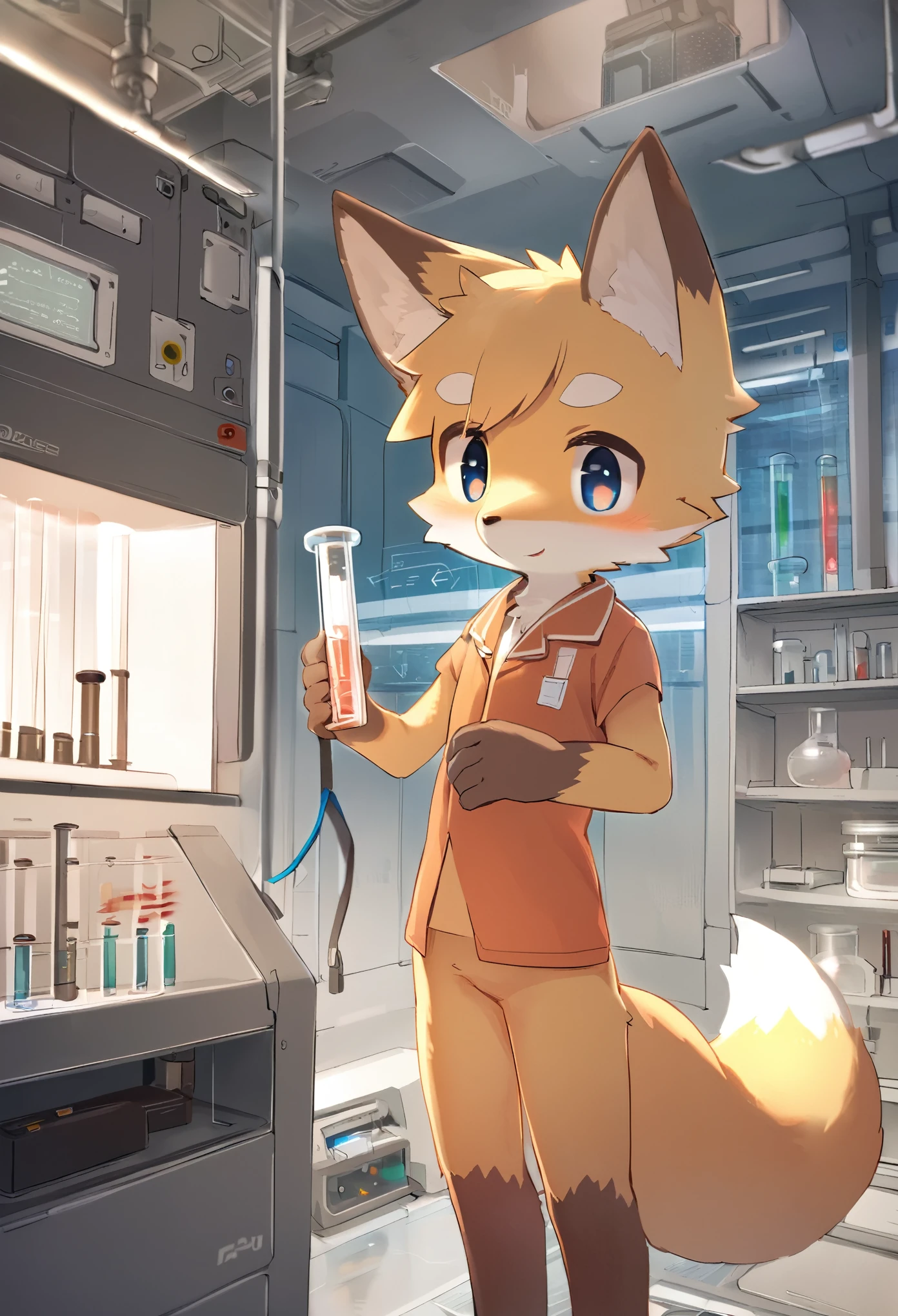 top quality, best quality, masterpiece, super high resolution, detailed background, laboratory, absurdres, perfect anatomy(handsome 1boy, kemono, solo focus, labo coat)(furry anthro, Furry body, fox facial features, fox body features)(very detailed body fur)full body, holding test tube,