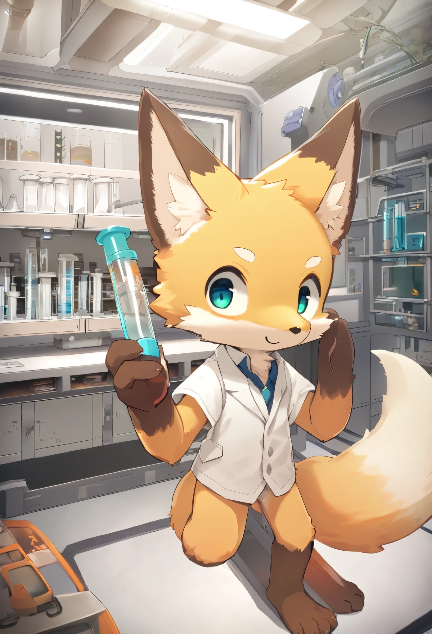 top quality, best quality, masterpiece, super high resolution, detailed background, laboratory, absurdres, perfect ???????(handsome 1boy, kemono, solo focus, labo coat)(furry anthro, Furry body, fox facial features, fox body features)(very detailed body fur)full body, holding test tube,