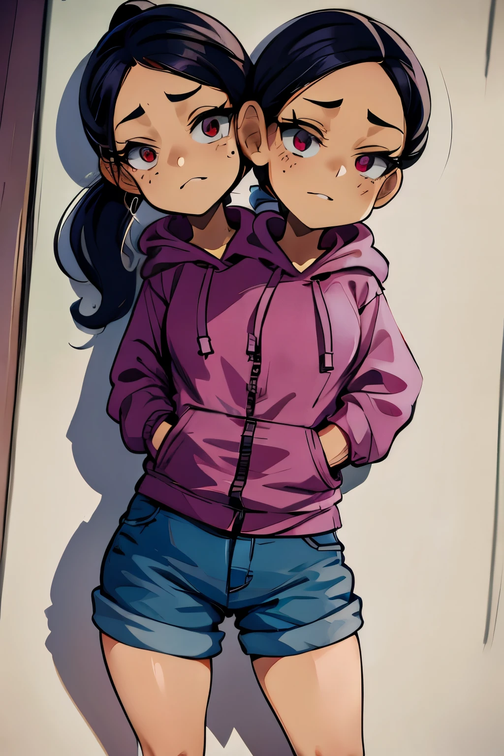 conjoined, 2heads, girl with two heads instead of one, 2head, cuerpo curvilineo, brazos curvilineos, usando shorts, ropa abrigada, piernas curvilineas, anime cartoon, using a purple hoodie, each head has a ponytail, anatomia proporcionada, torso ancho, pechos medianos
