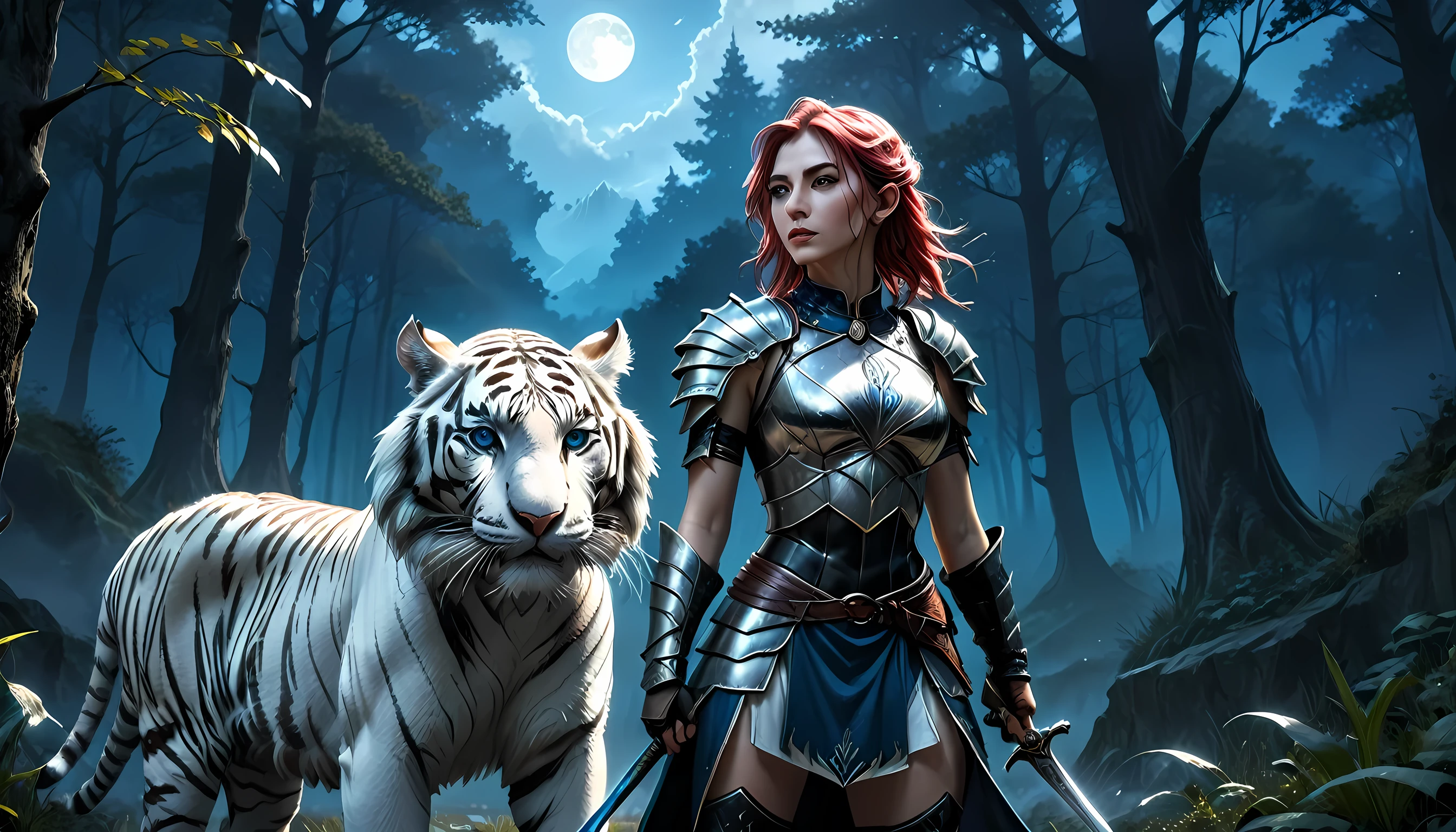 high details, best quality, 16k, [Ultra detailed], masterpiece,  best quality, (extremely detailed), dynamic angle, ultra wide shot, RAW, photorealistic, fantasy art, RPG art, realistic art, a wide angle picture of an epic female elf ranger and her pet (white tiger: 1.3),  warrior of nature, fighter of nature, full body, [[anatomically correct]] full body (intricate details, Masterpiece, best quality: 1.5) talking to an epic ((white tiger: 1.5)) (intricate details, Masterpiece, best quality: 1.6) armed with an epic magical sword  (intricate details, Masterpiece, best quality: 1.5) epic magical sword swordsman, glowing in blue light , in dark forest ( intricate details, Masterpiece, best quality: 1.4), a female beautiful epic drow wearing leather armor (intricate details, Masterpiece, best quality: 1.5), leather boots, thick hair, long hair, red hair, pale skin intense eyes, forest  background (intense details), moon light, stars light, clouds (intricate details, Masterpiece, best quality: 1.5), dynamic angle, (intricate details, Masterpiece, best quality: 1.3), high details, best quality, highres, ultra wide angle, ladyshadow, Armored Dress, Dark Novel