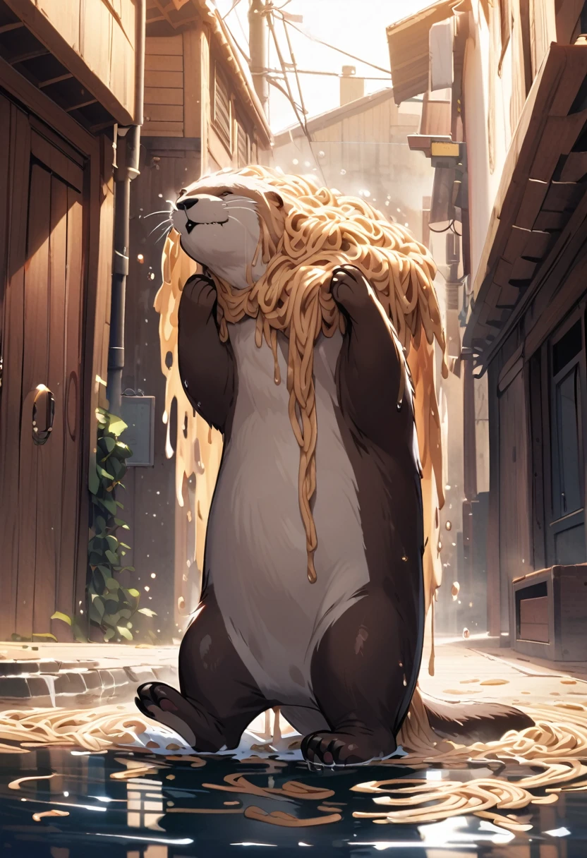 otter being washed away with noodles,Big tears,