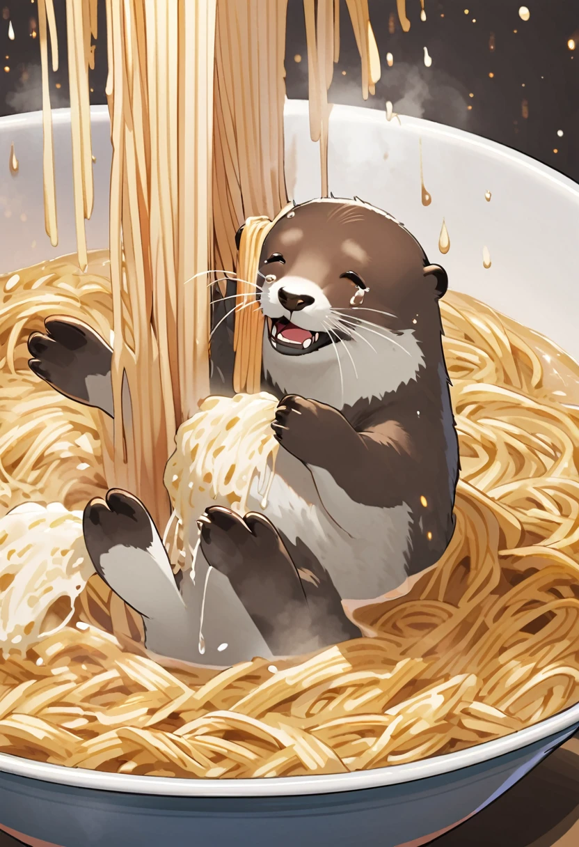 otter being washed away with noodles,Big tears,