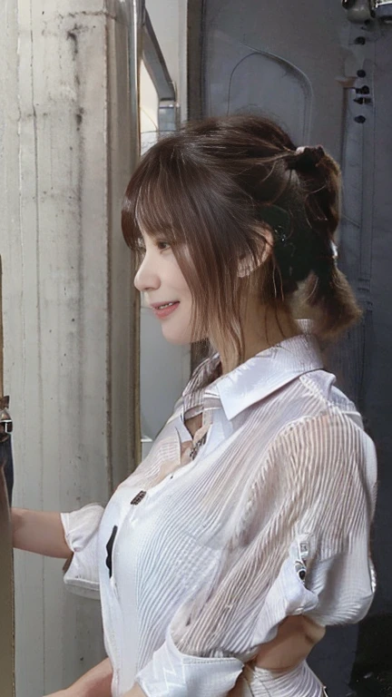 company employee、(Body turned to the side、Shooting from the side、Looking to the side,Shooting from the side:1.6),Not looking here、(General shirt、Wearing a white blouse、Wearing a typical business suit),(The gap in her blouse is slightly open,Only the fourth button is open、The button is closed、Chest visible through the gap in the button、The edge of the bra is visible through the gap between the buttons.:1.5),Mid-chest、slender、ponytail、Black Hair、Beauty、23 years old、cute、smile、(Long shirt:1.8),Tuck the shirt into the skirt、Cleavage