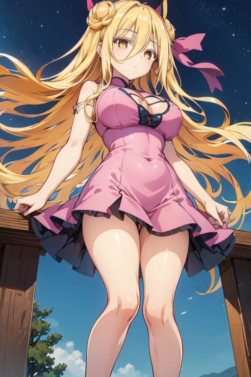 1 girl, alone, Hoshimiya Mukuro, Outdoor, View Viewer, (masterpiece: 1.2), highest quality, High resolution, unity 8k wallpaper, (artwork: 0.8), (Perfect hands, Perfect Anatomy) , Are standing, whole body, ( Uber :1.5), Shiny Hair, Shiny skin, Hoshimiya Mukuro, Yellow Eyes, Very long hair, Blonde Hair, Double good, Hair between the eyes, Very large breasts, Big Breasts, Medium Waist, Wide Hips , Medium thighs, Round ass, Pink Chinese Dress, Cleavage, barefoot, View Viewer, throw (From below)