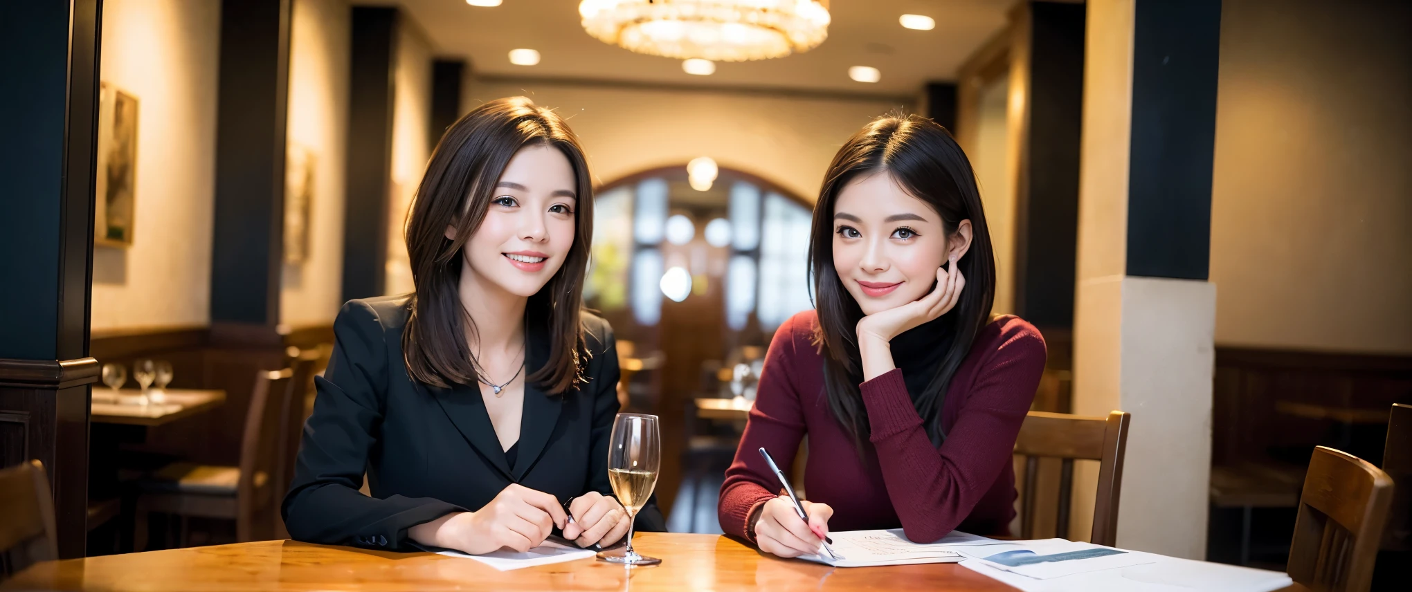 ((highest quality、8k、masterpiece:1.3))、cute,SAke,pretty,newjapan,LOVE,wineparty,1 male1 female、Couple、spouse、Couple、Slim body、((Bob Hale、Straight hair:1.2)), (Realistic, Intricate details:1.2), Wine glass on the table、Shine light on your face、 Amazing view of the sunset sky and clouds、Amazing mountain views、A bright smile、The wonderfulness of smile、Bright image、The beauty of wine, Beautiful Face, blue eyes, The light shines on your face, Blushing, short hair,Bright Face、 (Age 37), 39 years old, red wine 、Appetizers、Italian food、Wine bottle、Champagne、sparkling wine、Two beauties、Brown Hair、Shortcuts、Long sleeve shirt、dress、Pretty Woman 1, (Slim face), (The body is slim), (Brown Hair), (Shortcuts), cheeks turn a little red,Attractive beauty、restaurant, In a prominent place (From the waist up) Nova Frog Style, actress, model, Upper Body, White wine, slim, wine glass, Wine glass placed in the center, smile, (smile: 1.15), Beautiful fine grain, Depth f/2,saturation, High Contrast, Strong light and shadow,Moist Body:1.5、3D texture、Delicate eyes、Brown Hair、The hair is very shiny、