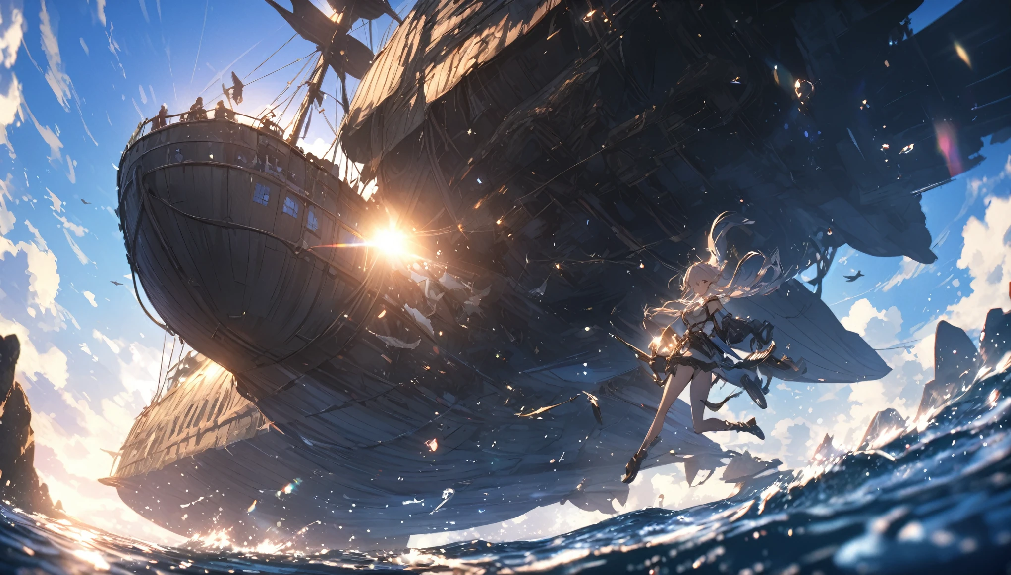 anime,depth of field, cinematic lighting, lens flare, f/1.2,(masterpiece:1.2),(high definition),summer、blue sky,(1People Girls)、(Behind her is an airship taking off from the sea.)、(Propeller-driven airship),Medieval fantasy worldview、Ultra-detailed