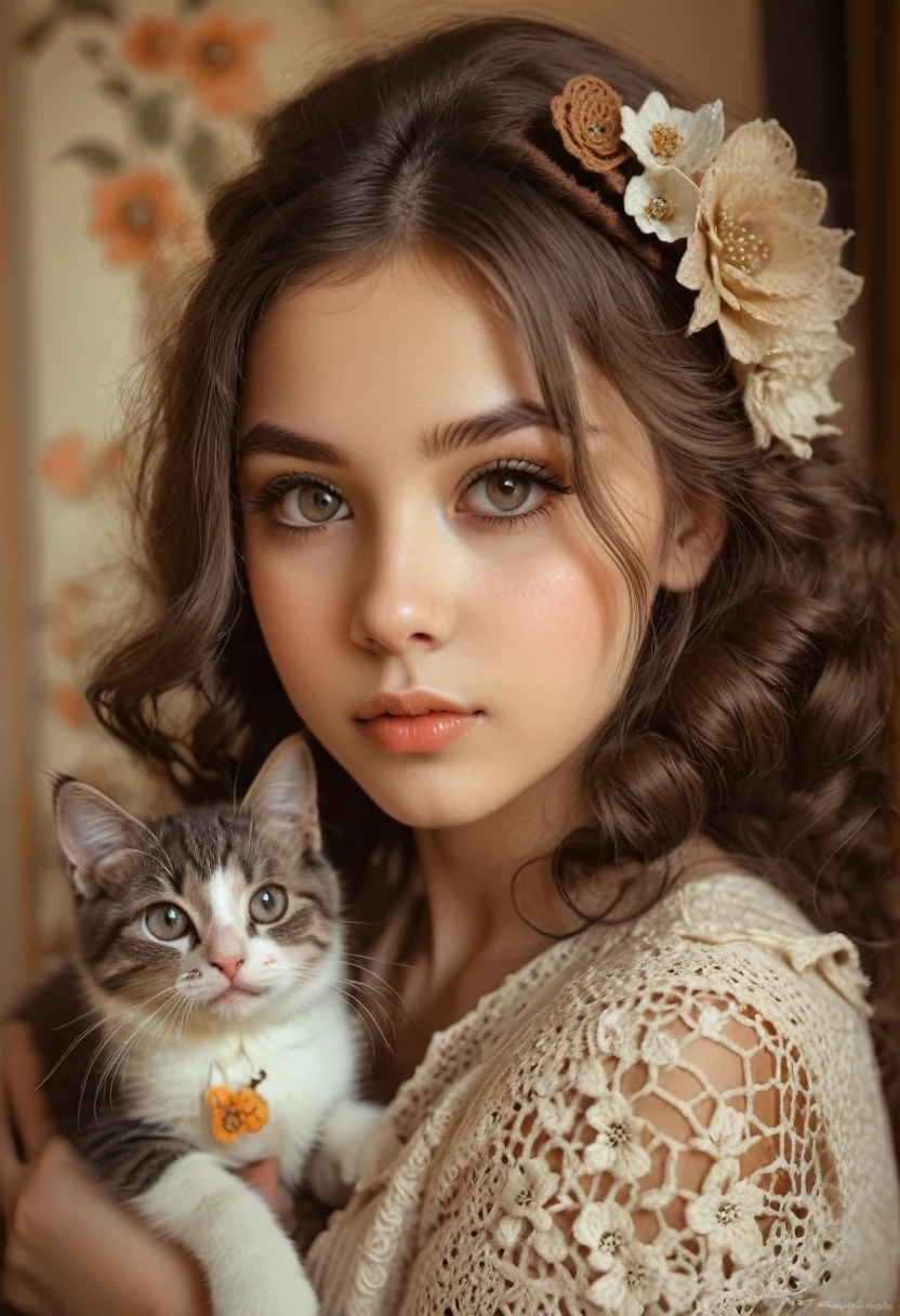 Girl with Cat, A girl with a cute kitten,sepia toned photography,beautiful detailed eyes,beautiful detailed lips,extremely detailed eyes and face,long eyelashes,vintage style,crochet flowers,1967,soft lighting,warm color palette,film grain effect,bokeh background,natural tones,nostalgic mood