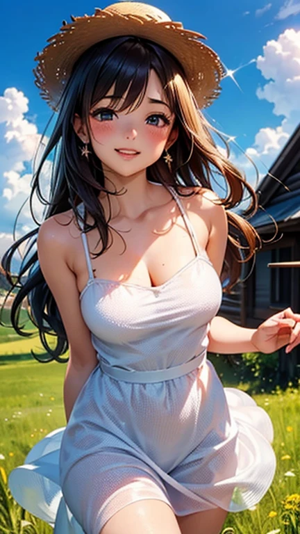 A girl is posing for a photo, cute女の子, Enchanting girl,
(Black Hair, Wavy Hair, Long Hair), (Red eyes),
(White floral dress:1.2, White Mules:1.2, Wear a straw hat:1.2)、Red Gem Earrings、
(((highest quality)), ((masterpiece)), (Very detailed), (High resolution), (Beautiful detailed sparkle), (High detail), (Anatomically correct)), ((Realistic)), ((The best CG)), Ultra-detailed art, CG illustration, 16k, 1080P, Oil paints:1.2,
(((One Girl))),
(Symmetrical facial features, Perfect Face), Beautiful clavicle, (Beautiful fingers), (Beautiful breasts, (Ccup)),
Beautiful body, Beautiful thighs, Beautiful feet, Perfect round butt, (((Detailed skin, Oily skin, Textured skin, Beautiful Skin))),
(((Baby Face, cute, ))), Double eyelids, Long eyelashes,
(Droopy eyes, Expression of fine eyes, Beautiful and delicate eyes, Sparkling eyes, Eye Reflexes),
(Beautiful Nose,Thin Nose),
(Glossy Lips, Beautiful Lips, thick lips),
(Beautiful Hair, Shiny Hair, Shiny Hair), Hair fluttering),
(smiley, laughing, blush),
BREAK
(noon、(Vast grassland, Log house, cumulonimbus)), ((Running through the steppes:1.4, Cowboy Shot))